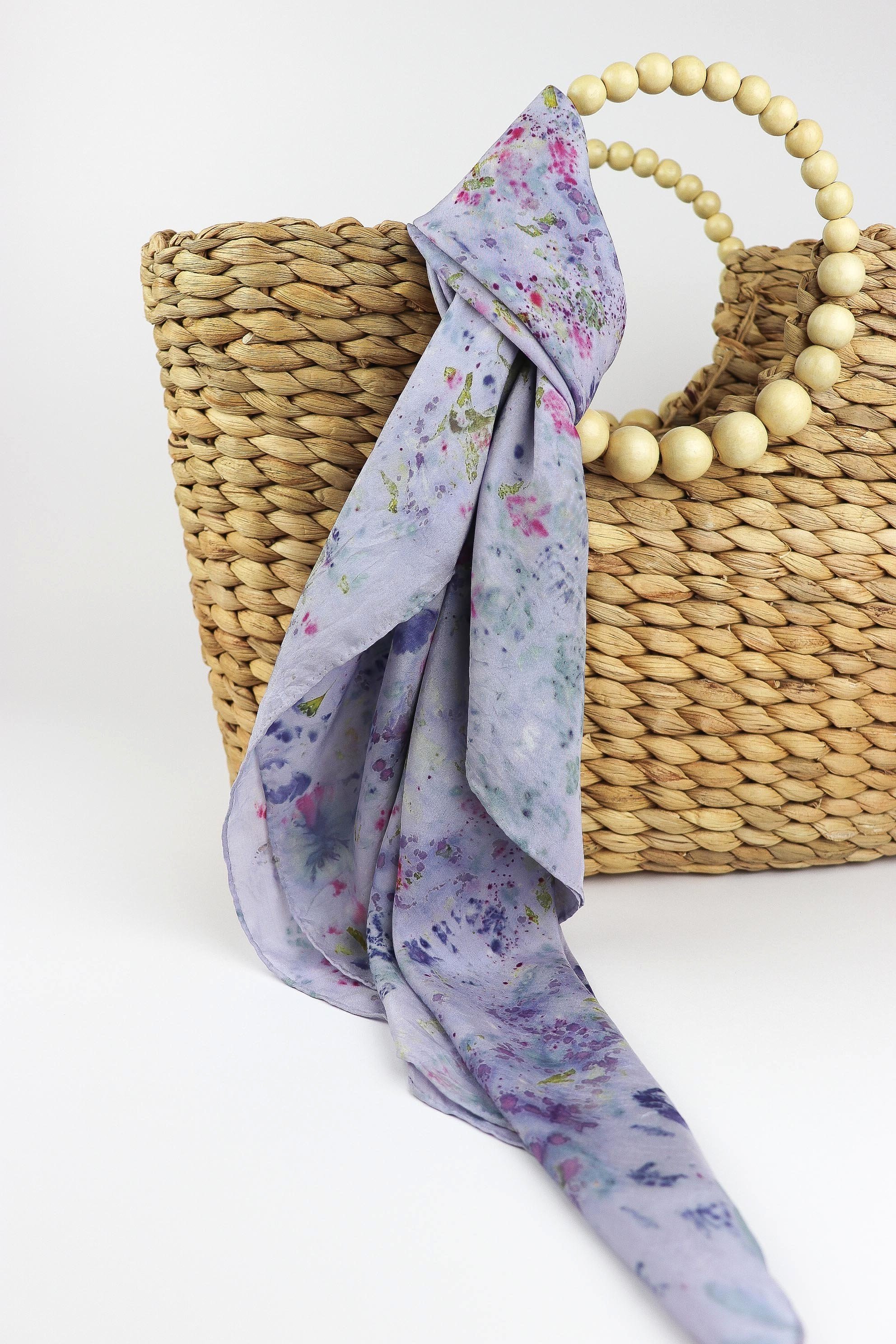 One of a kind botanically Dyed Silk Scarf. Naturally dyed scarf with fresh flowers. AJNA Silk Scarf.Botanically dyed Silk bandana in San Francisco Bay Area California. Plant dyed silk scarf near me.