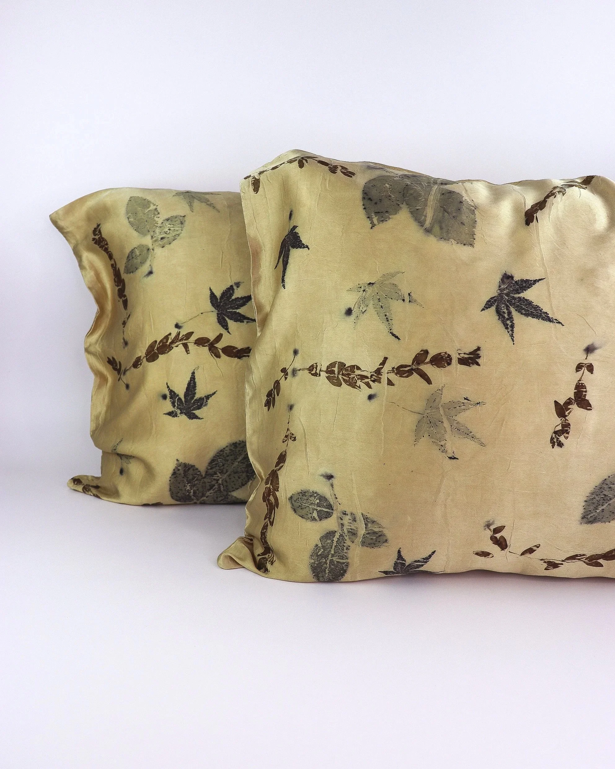 Botanically Dyed Silk Pillowcase eco printed with flowers. Mulberry silk Charmeuse pillowcase set of 2.