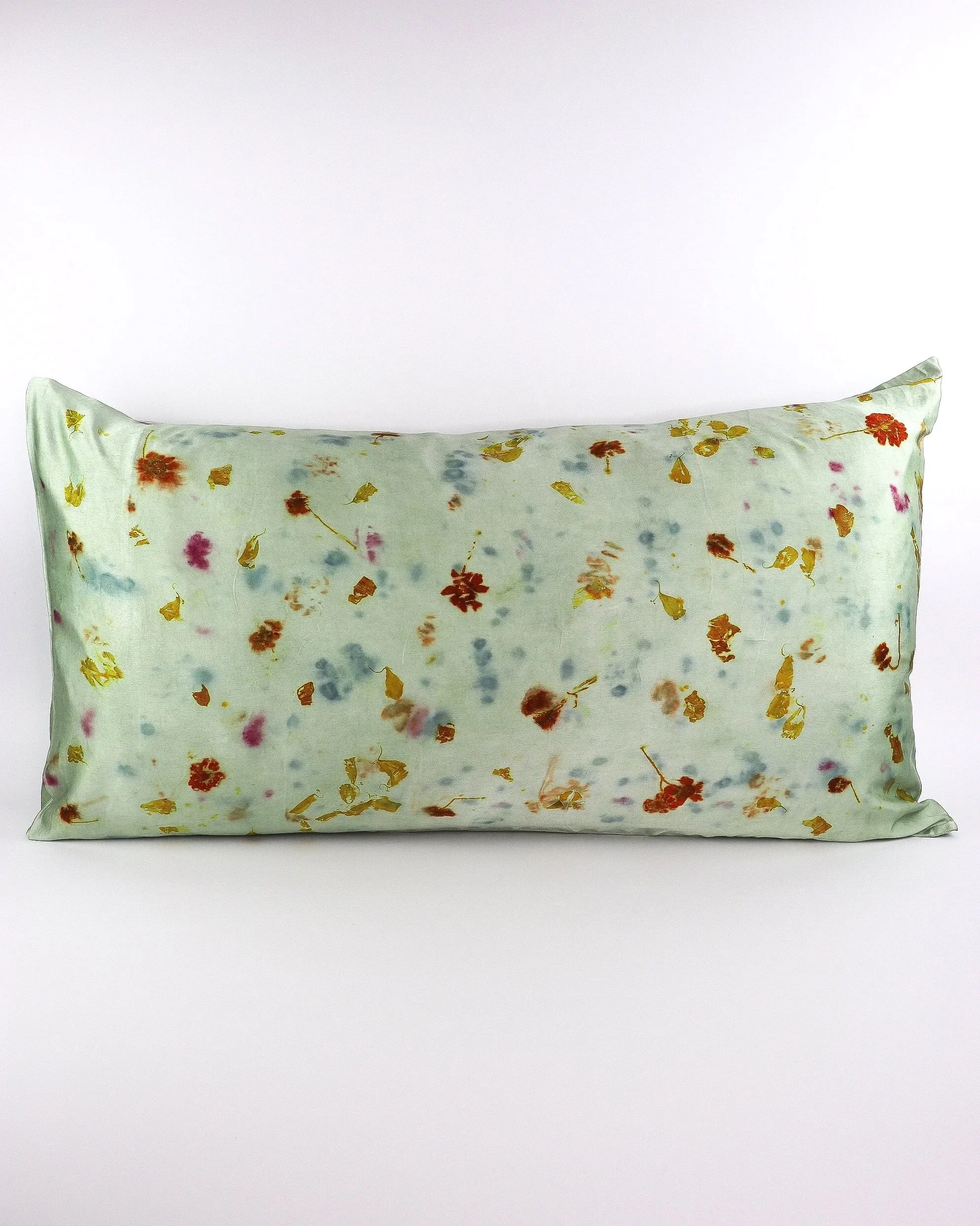 Botanically Dyed Mulberry Silk Pillowcase eco printed with flowers. Silk Charmeuse pillowcase set of 2 King size