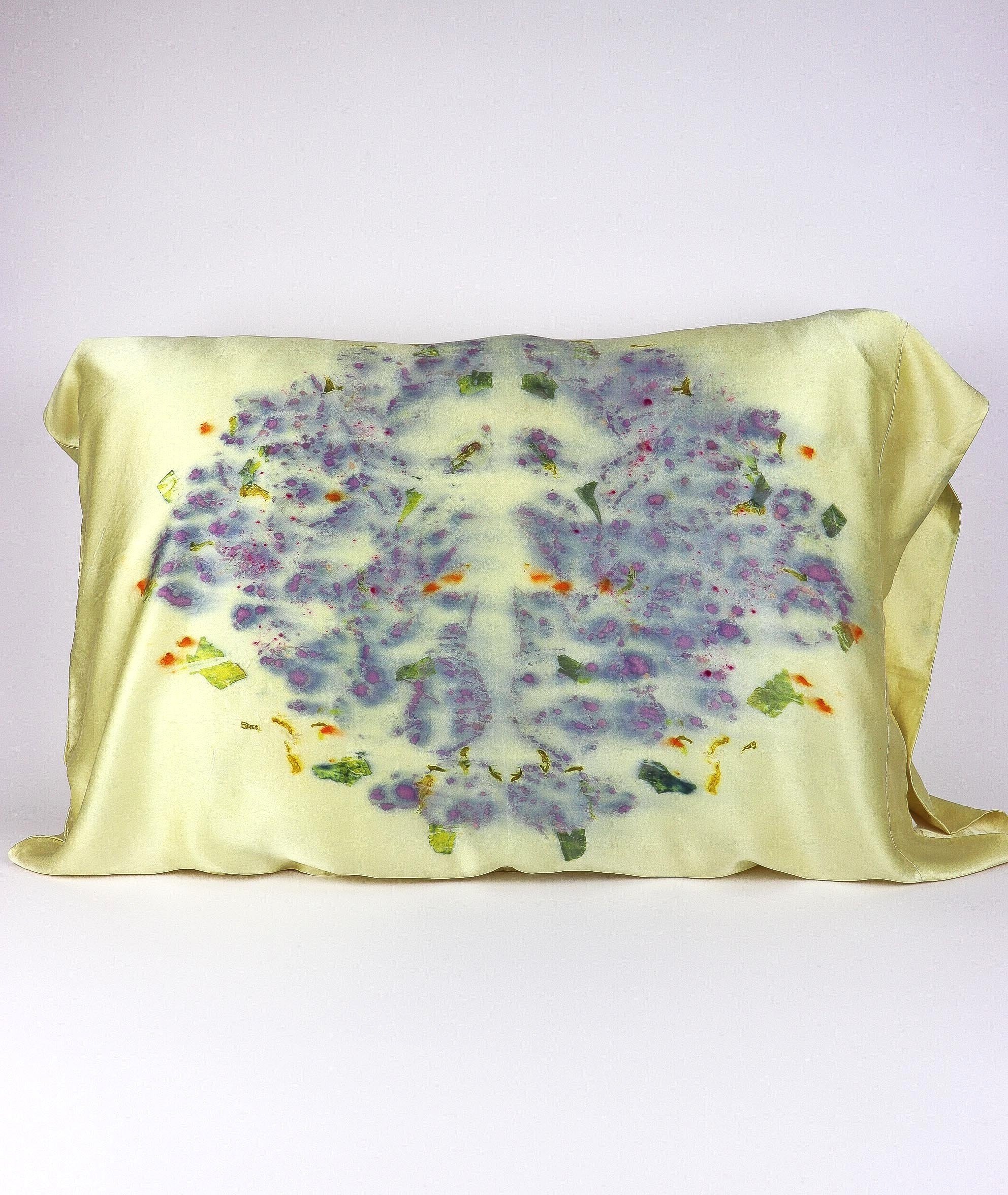 Botanically Dyed Silk Pillowcase eco printed with flowers. Plant dyes silk. AJNA California naturally dyed textiles in San Jose, California. Silk Pillowcase near me.