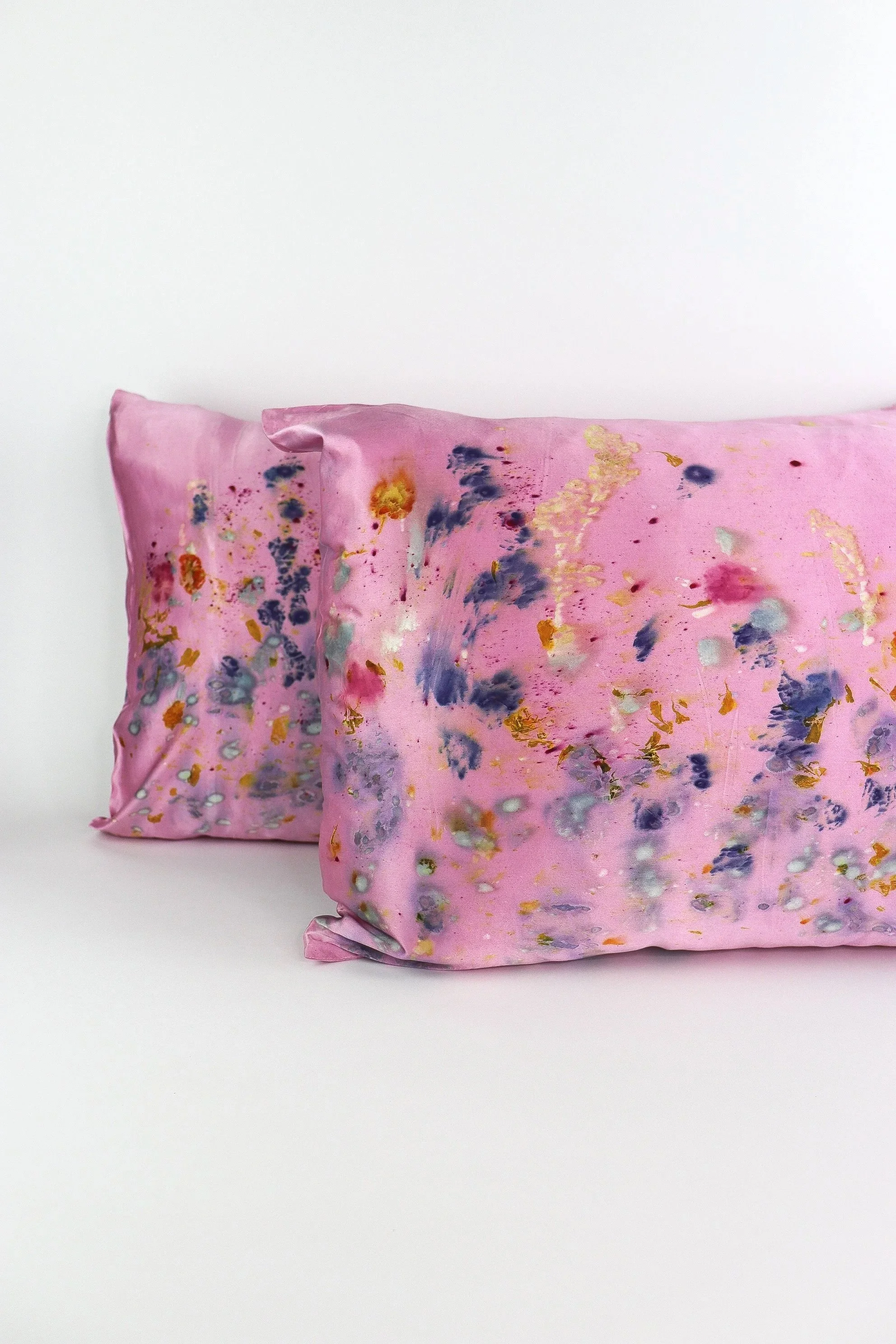 Botanically Dyed Mulberry Silk Pillowcase eco printed with flowers. Plant dyed silk. AJNA California botanically dyed textiles in San Jose, California. King size silk pillowcase.