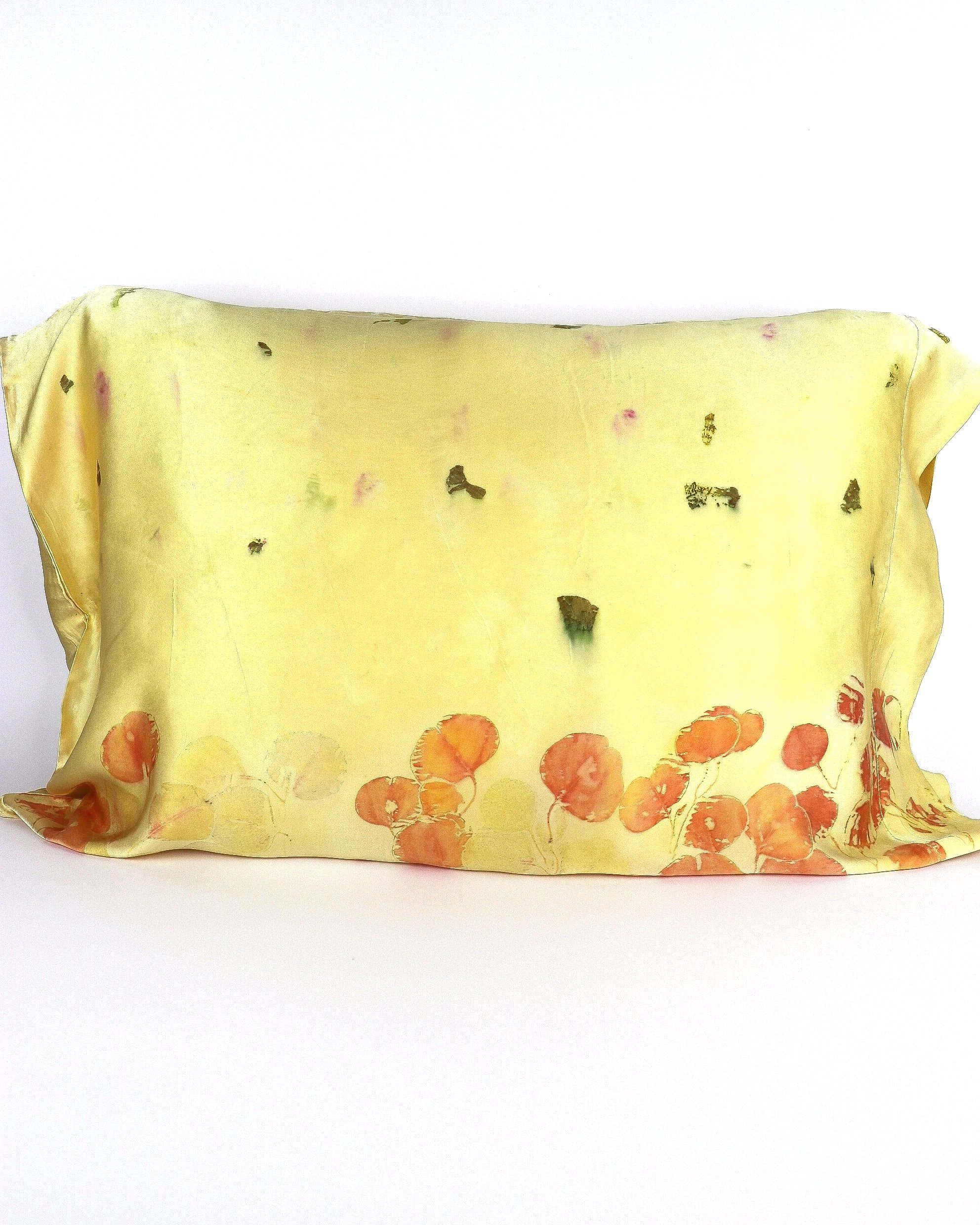 Botanically Dyed Silk Pillowcase eco printed with flowers. Silk Charmeuse pillowcase set of 2.