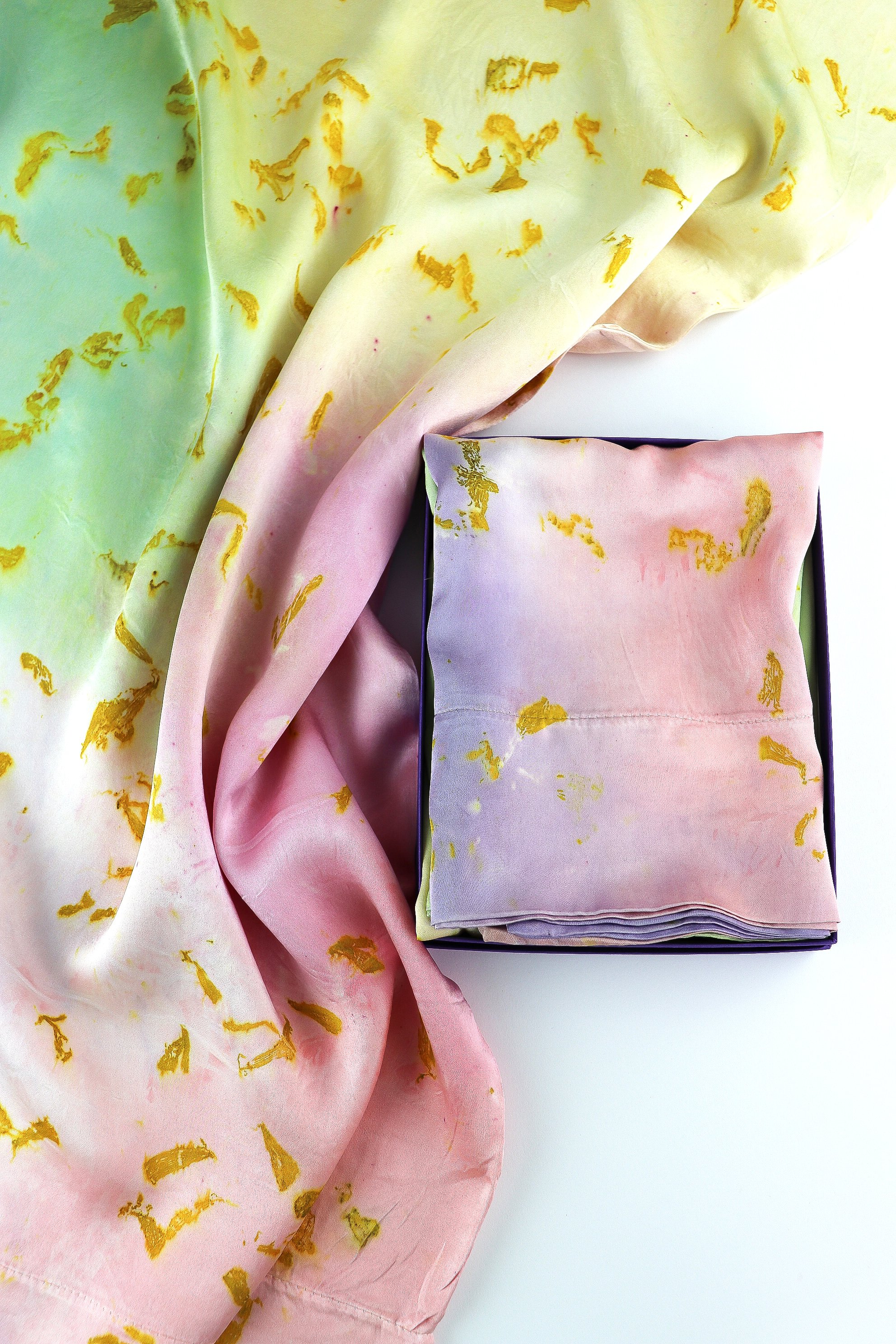 Botanically Dyed Silk Pillowcase eco printed with flowers. Silk Charmeuse pillowcase set of 2.