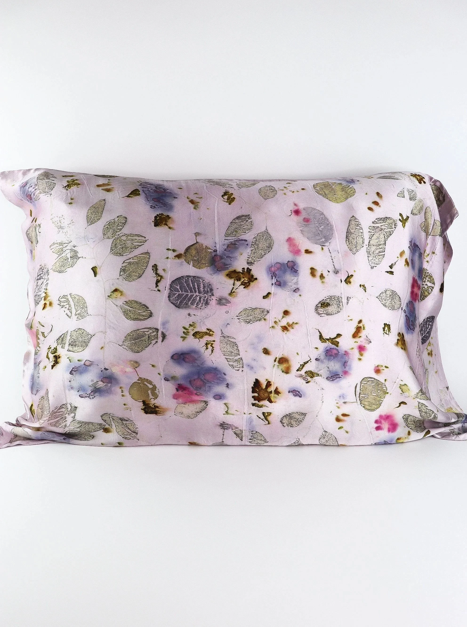 Botanically Dyed Silk Pillowcase eco printed with flowers. Mulberry silk pillowcase set of 2.