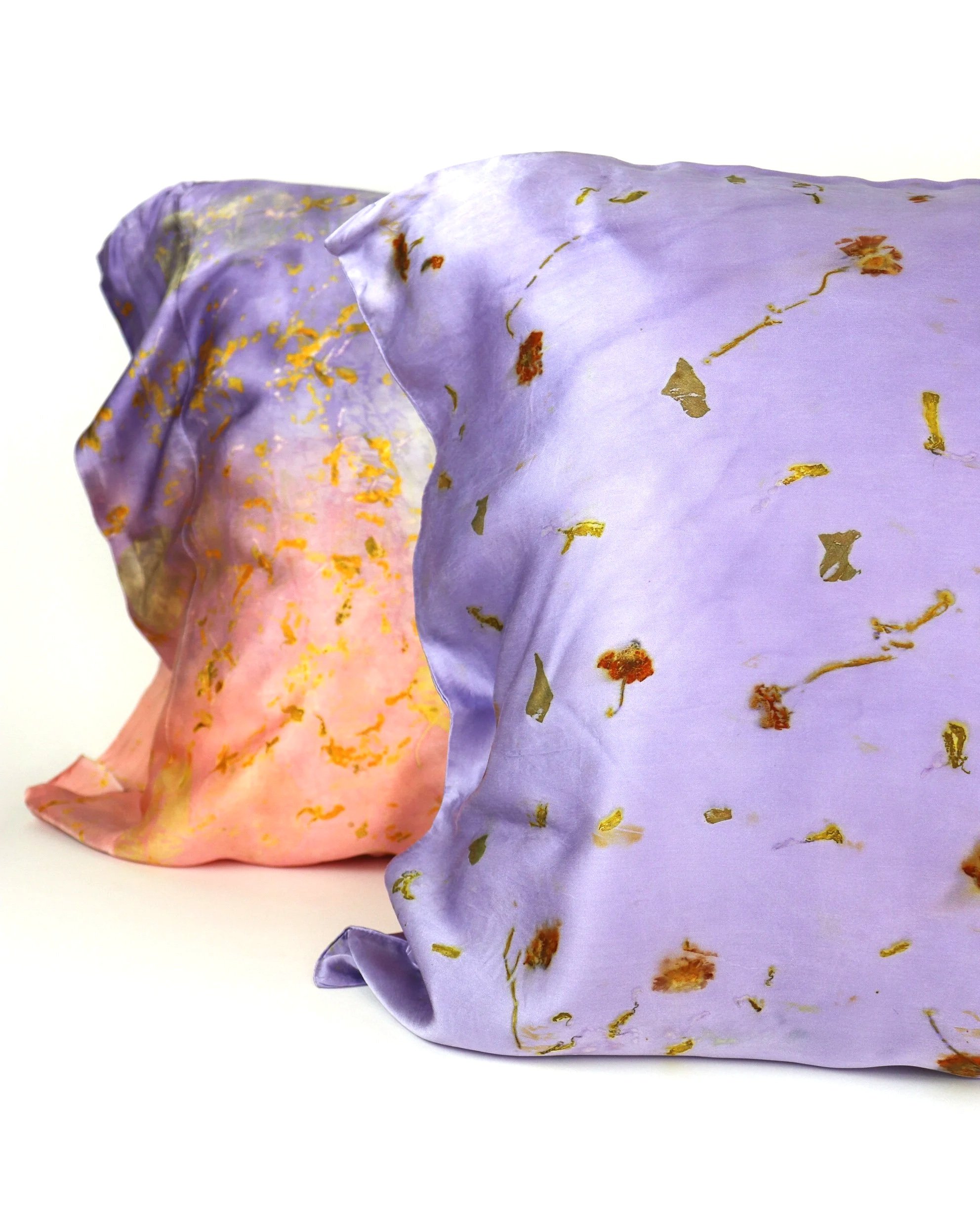 Botanically Dyed Silk Pillowcase eco printed with flowers. Plant dyed silk. AJNA California naturally dyed textiles in San Jose, California. Silk Pillowcase near me.