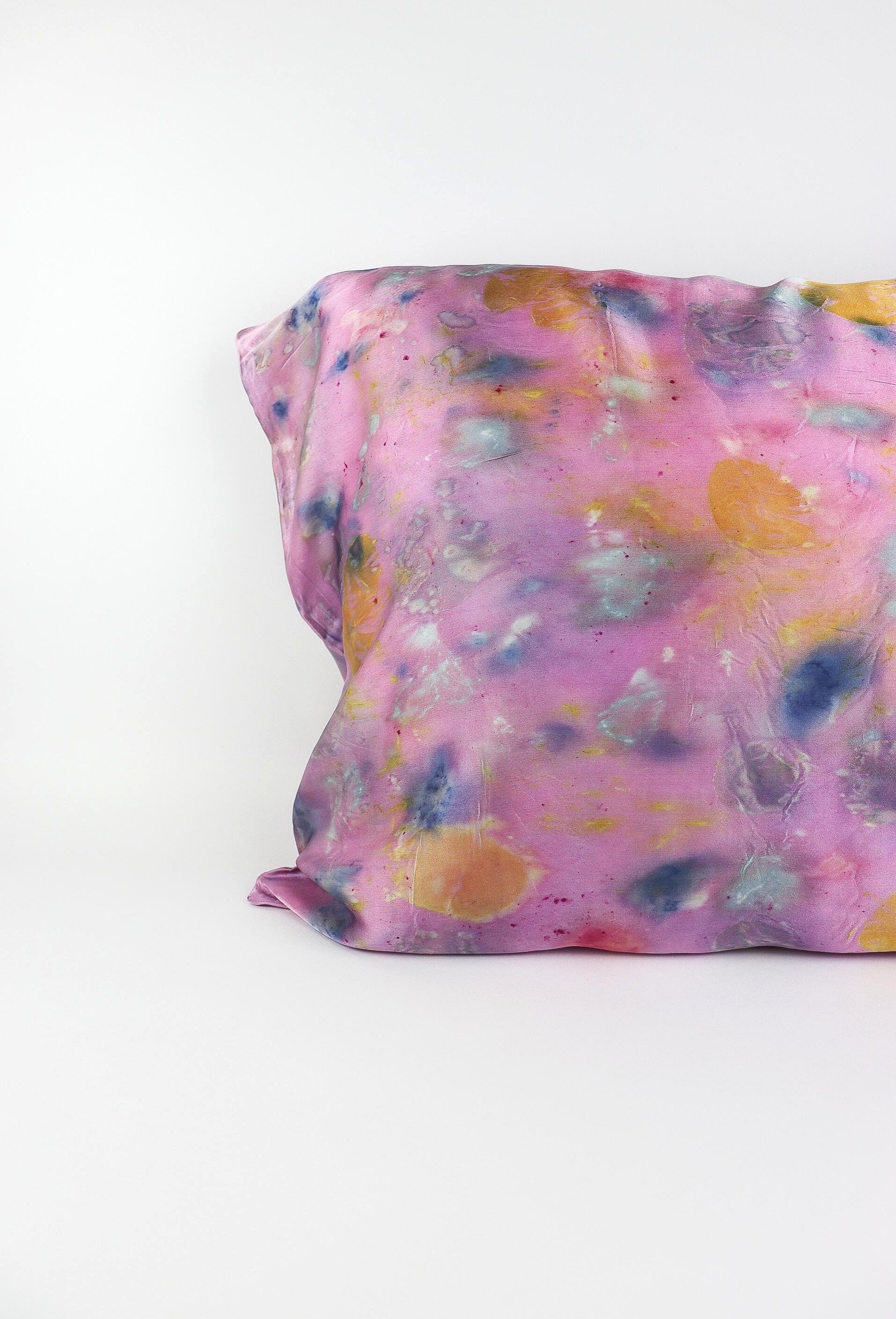 Botanically Dyed Silk Pillowcase eco printed with flowers. Plant dyes silk. AJNA California naturally dyed textiles in San Jose, California. Silk Pillowcase near me.