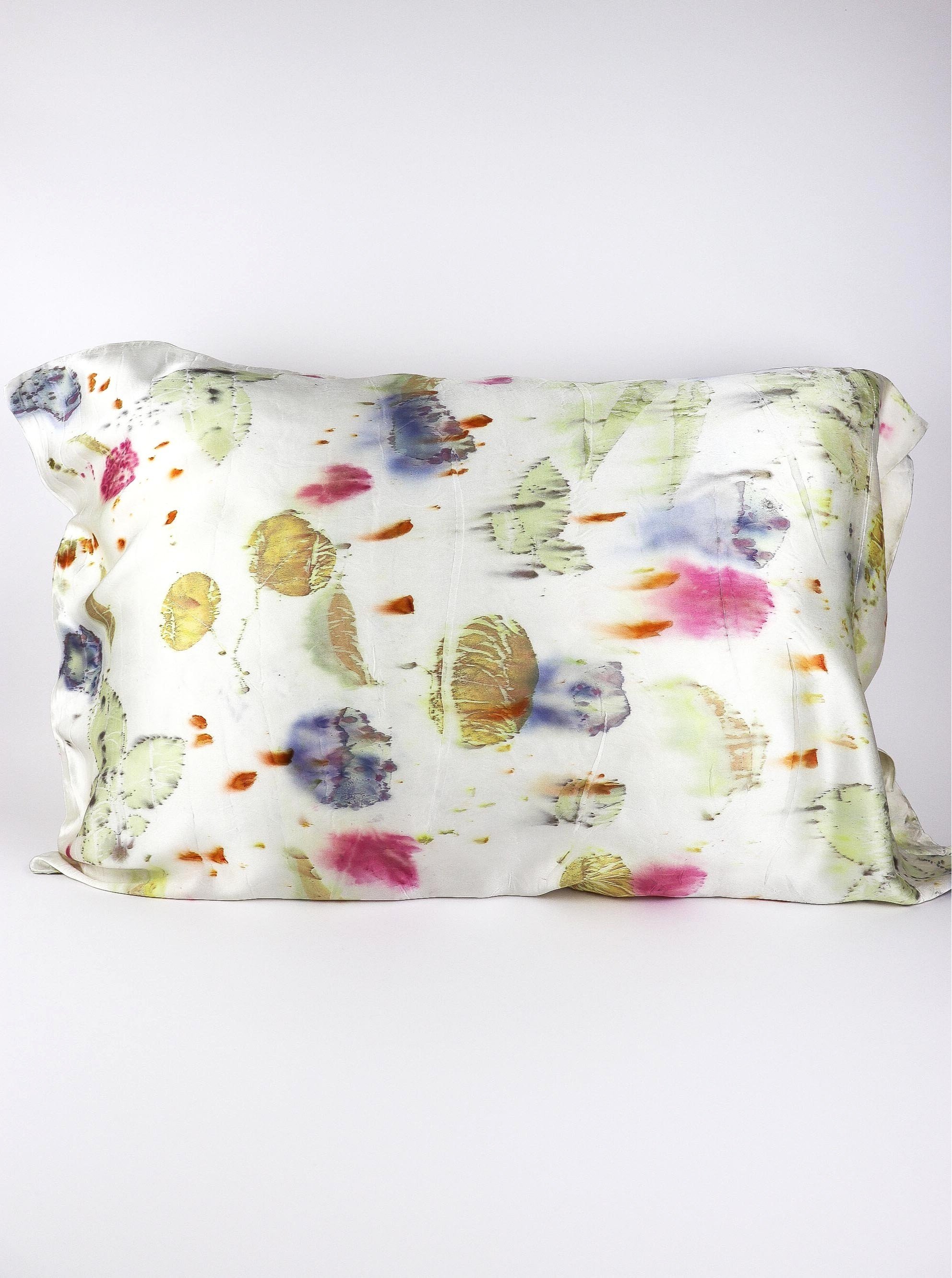 Botanically Dyed Silk Pillowcase eco printed with flowers. Plant dyes silk. AJNA California naturally dyed textiles in San Jose, California. Silk Pillowcase near me.