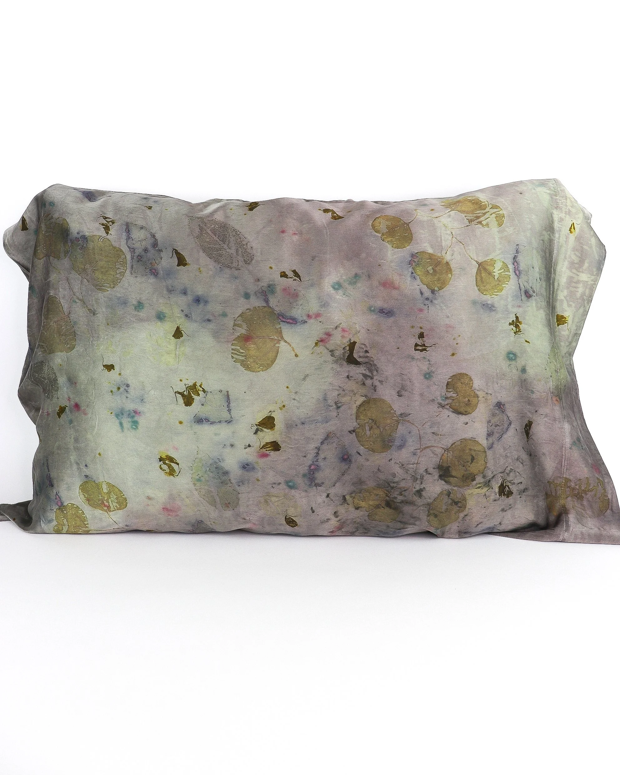 Botanically Dyed Silk Pillowcase eco printed with flowers. Silk Charmeuse pillowcase set of 2.