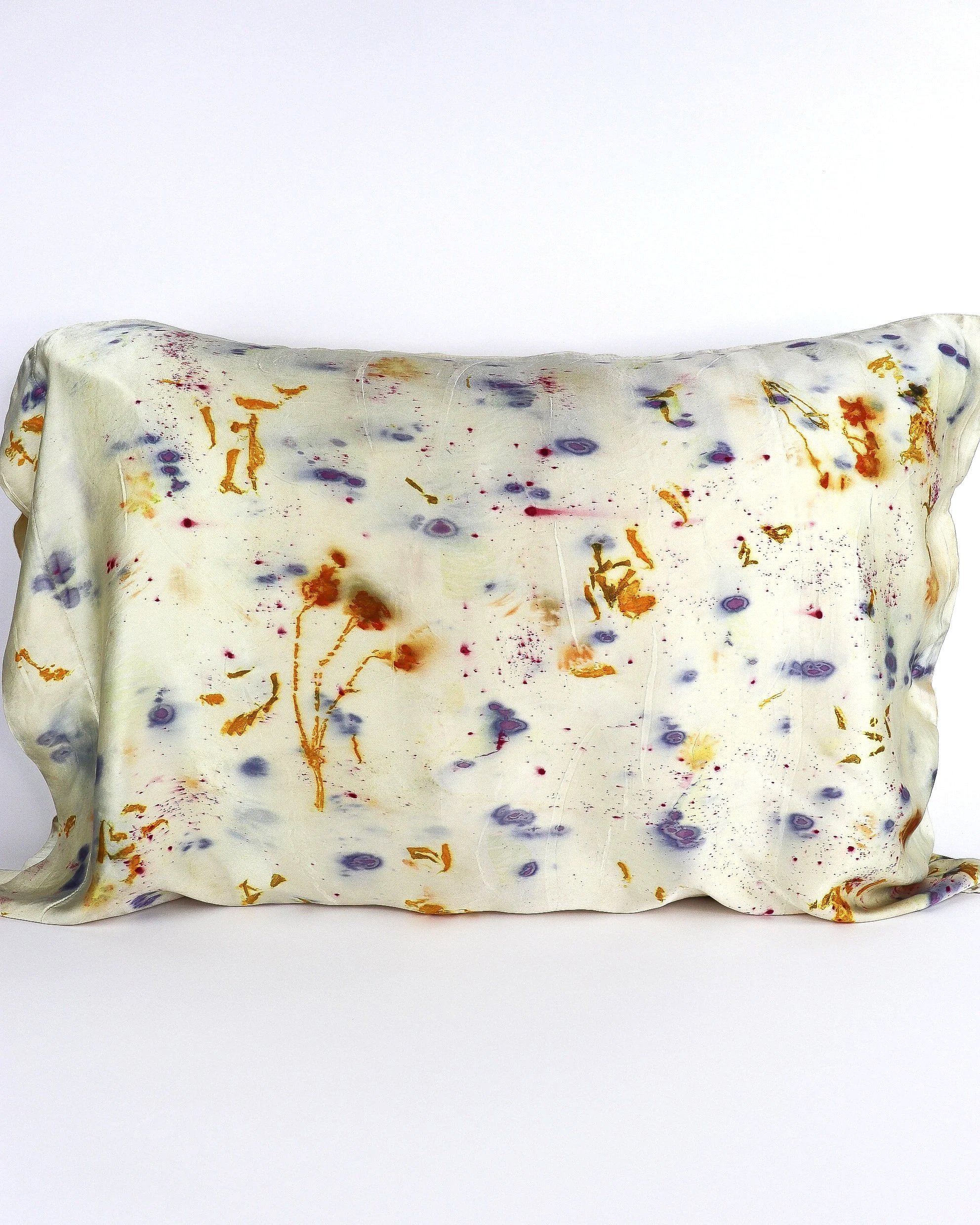 Botanically Dyed Silk Pillowcase eco printed with flowers. Silk Charmeuse pillowcase set of 2.