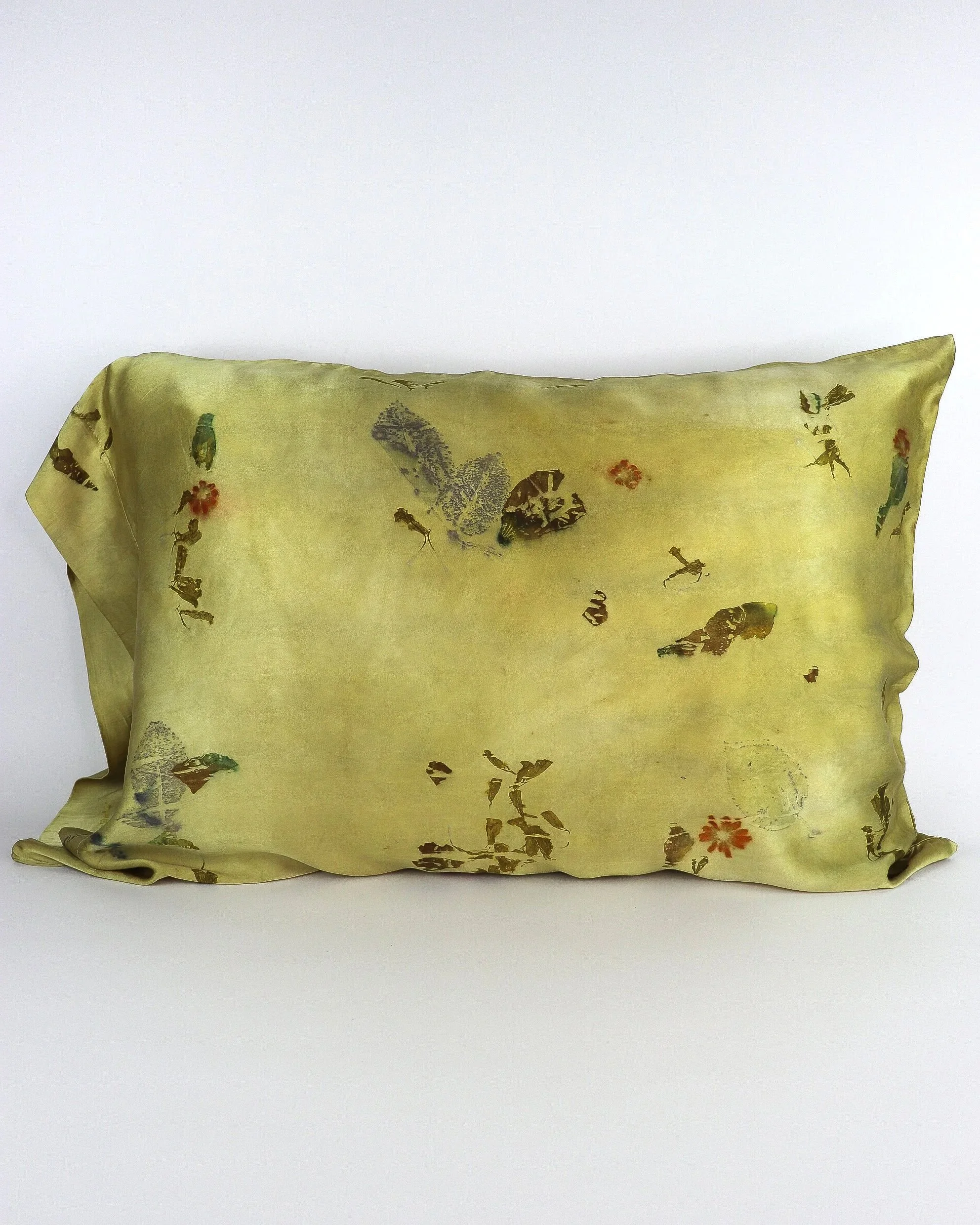 Botanically Dyed Silk Pillowcase eco printed with flowers. Silk Charmeuse pillowcase set of 2.