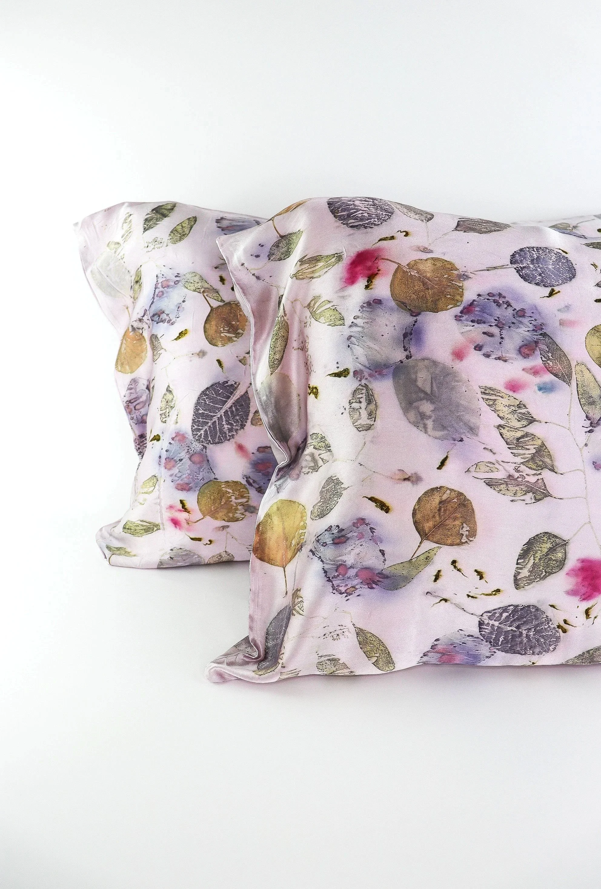 Botanically Dyed Silk Pillowcase eco printed with flowers. Mulberry silk pillowcase set of 2.