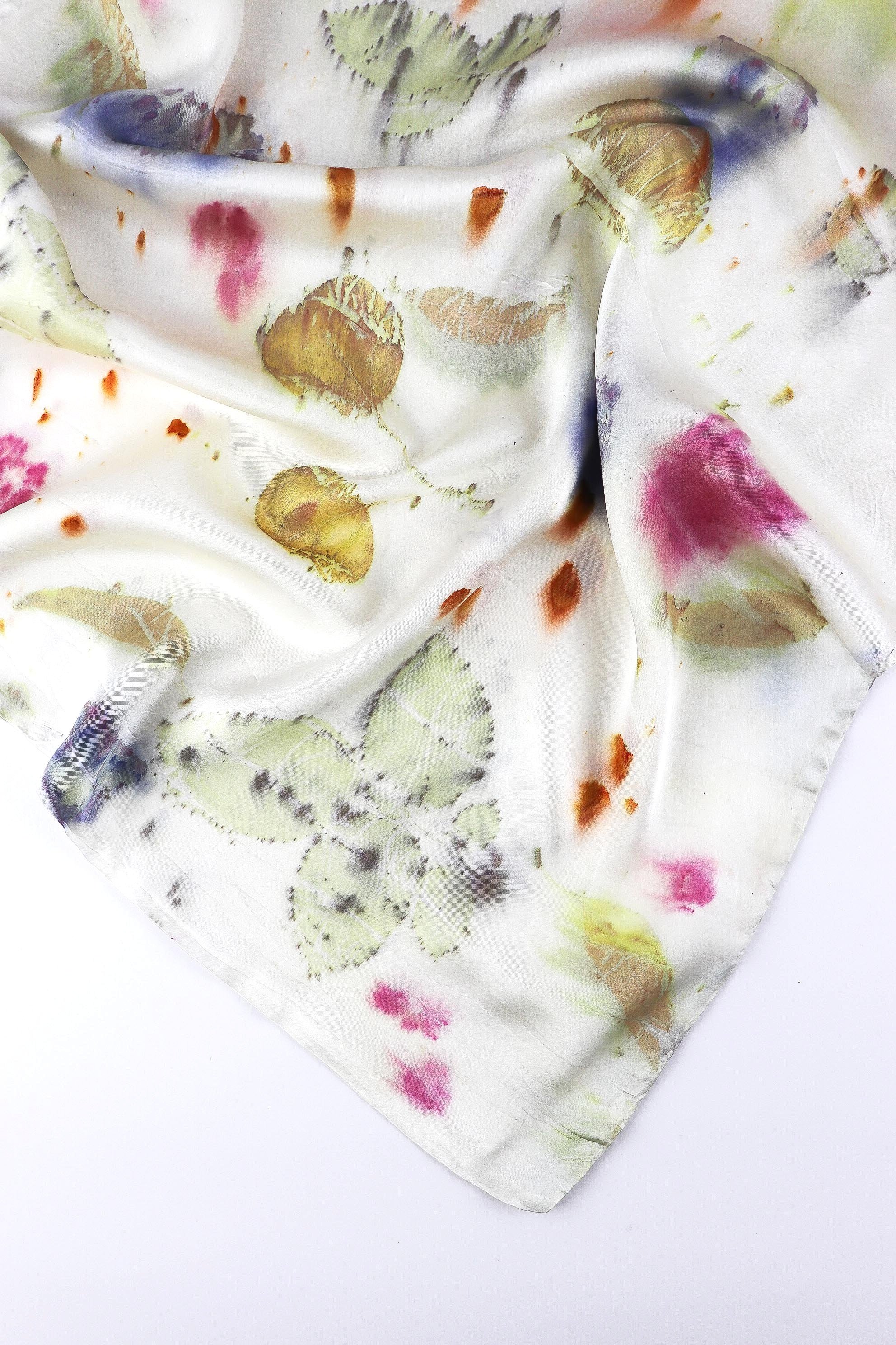 Botanically Dyed Silk Pillowcase eco printed with flowers. Plant dyes silk. AJNA California naturally dyed textiles in San Jose, California. Silk Pillowcase near me.
