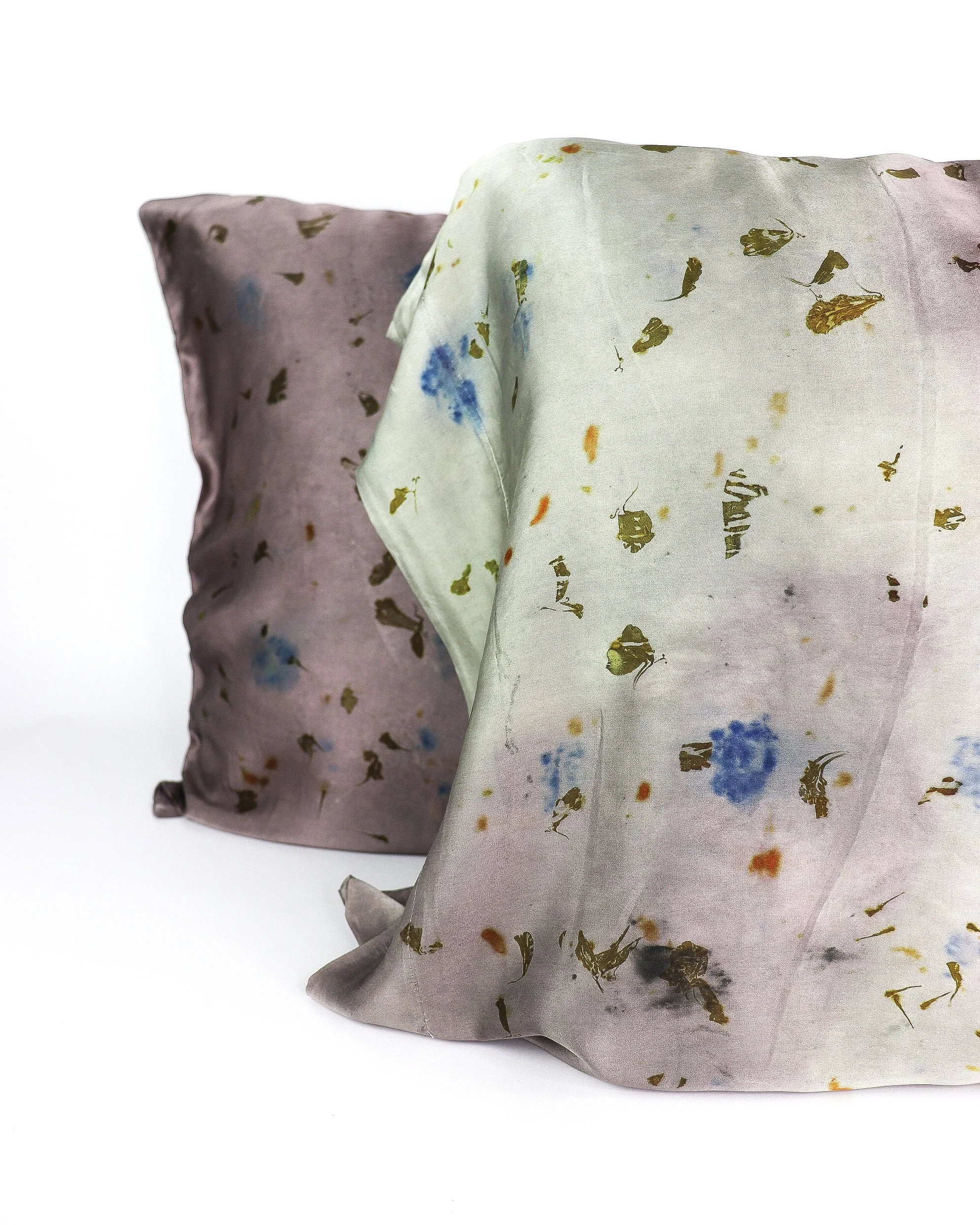 Botanically Dyed Silk Pillowcase eco printed with flowers. Silk Charmeuse pillowcase set of 2.