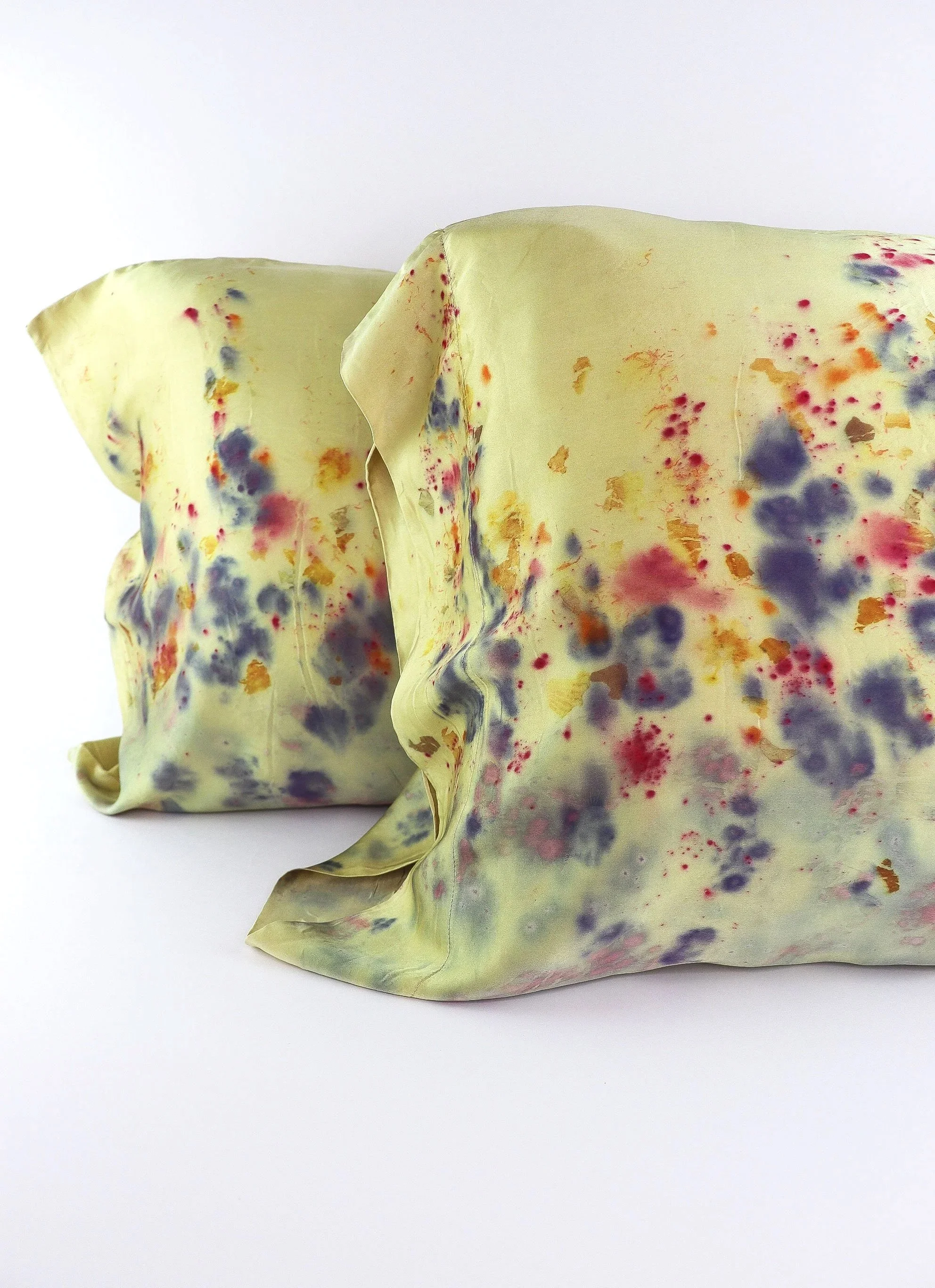 Botanically Dyed Silk Pillowcase eco printed with flowers. Mulberry silk pillowcase set of 2.