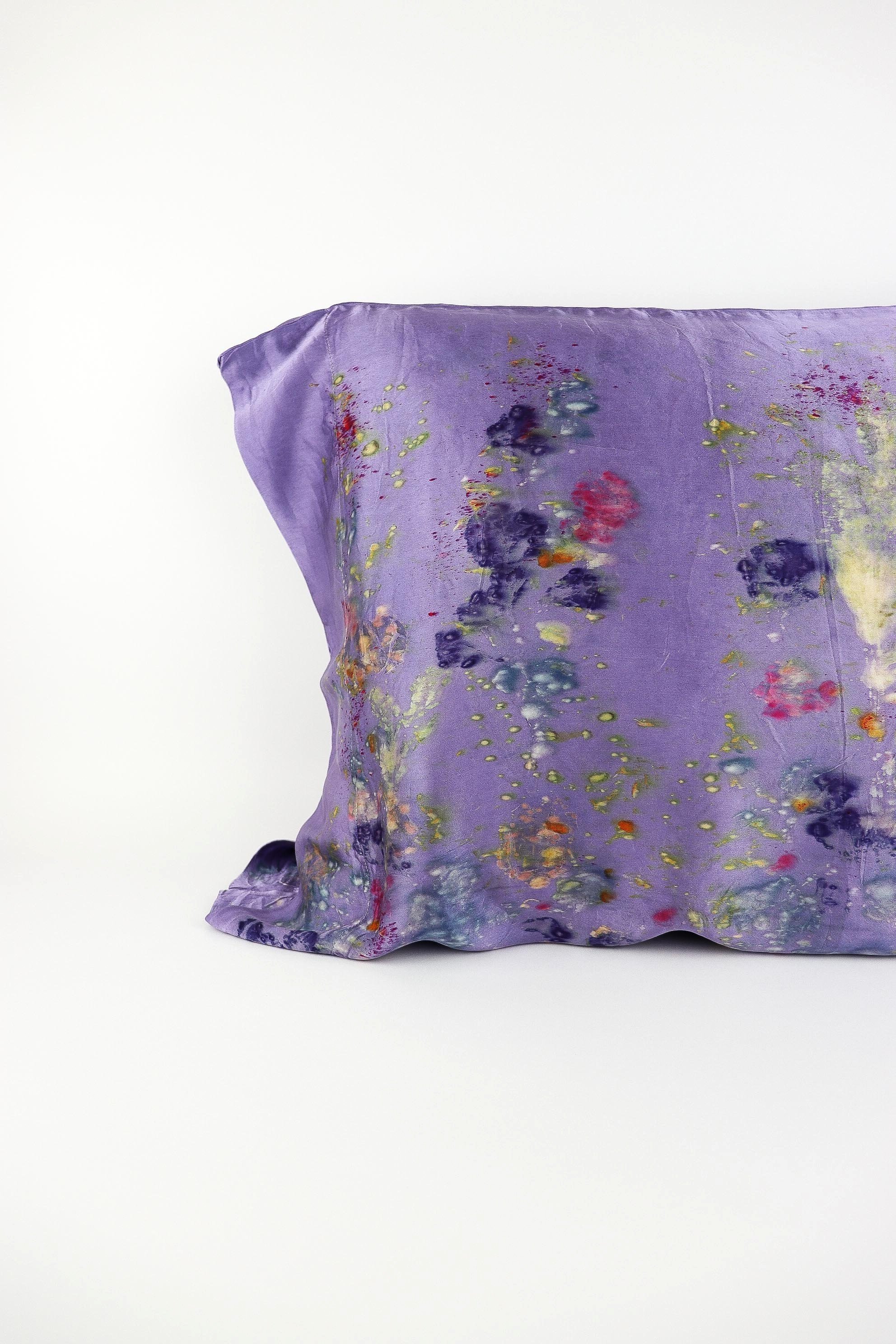 Botanically Dyed Silk Pillowcase eco printed with flowers. Plant dyes silk. AJNA California naturally dyed textiles in San Jose, California. Silk Pillowcase near me.