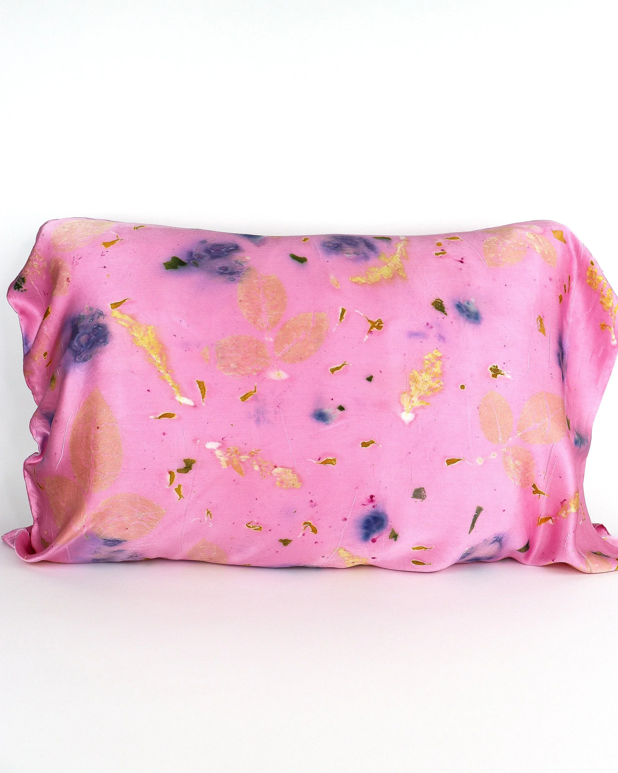 Botanically Dyed Silk Pillowcase eco printed with flowers. Silk Charmeuse pillowcase set of 2.