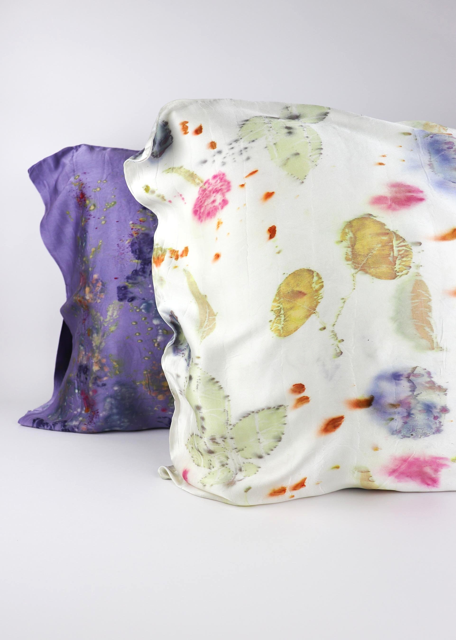 Botanically Dyed Silk Pillowcase eco printed with flowers. Plant dyes silk. AJNA California naturally dyed textiles in San Jose, California. Silk Pillowcase near me.