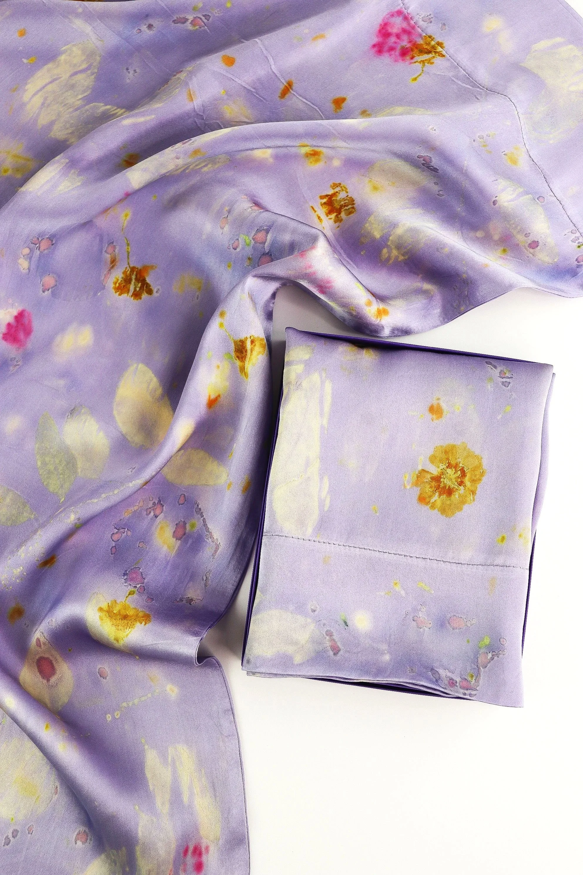 Botanically Dyed Silk Pillowcase eco printed with flowers. Mulberry silk pillowcase set of 2.