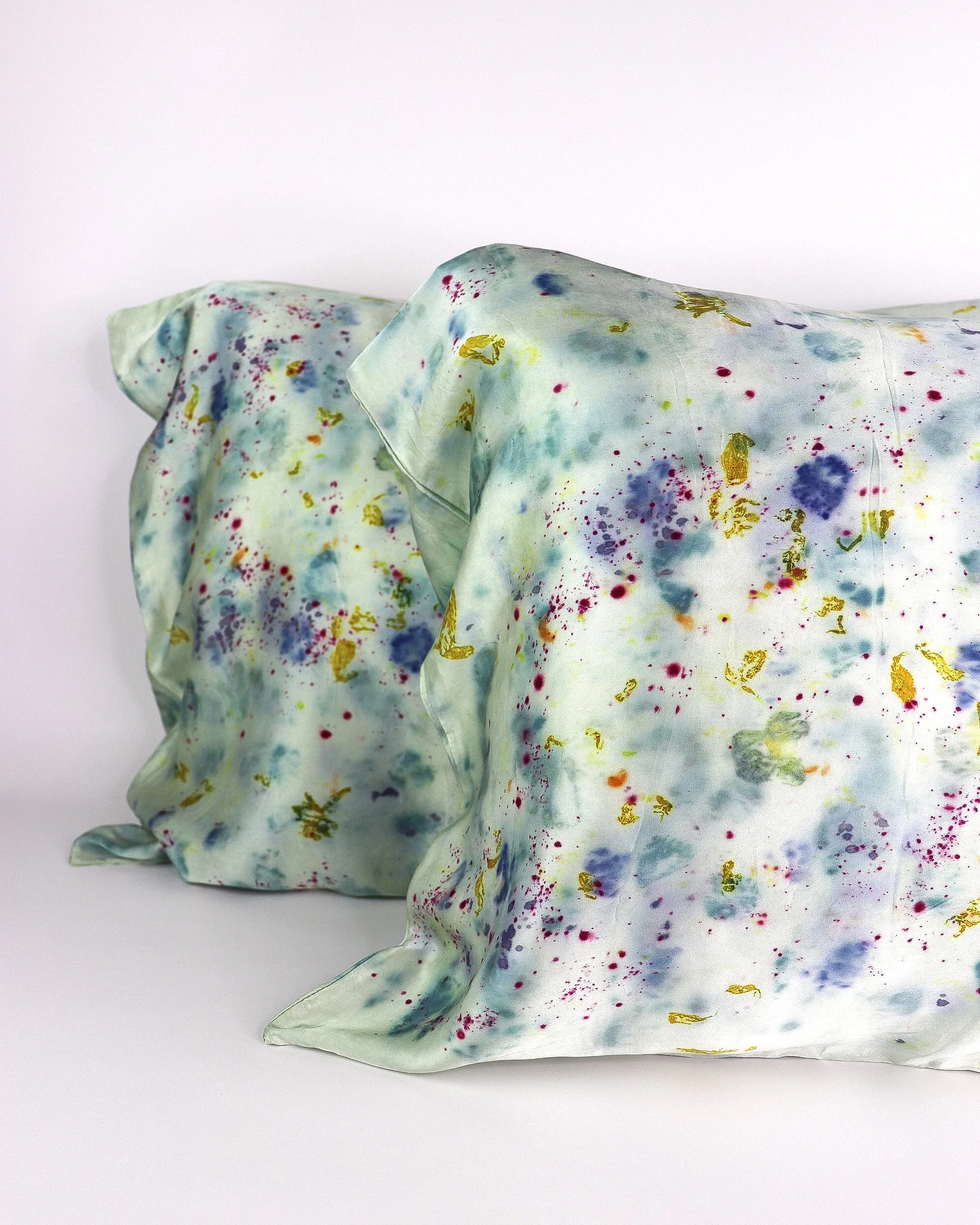 Botanically Dyed Silk Pillowcase eco printed with flowers. Silk Charmeuse pillowcase set of 2.