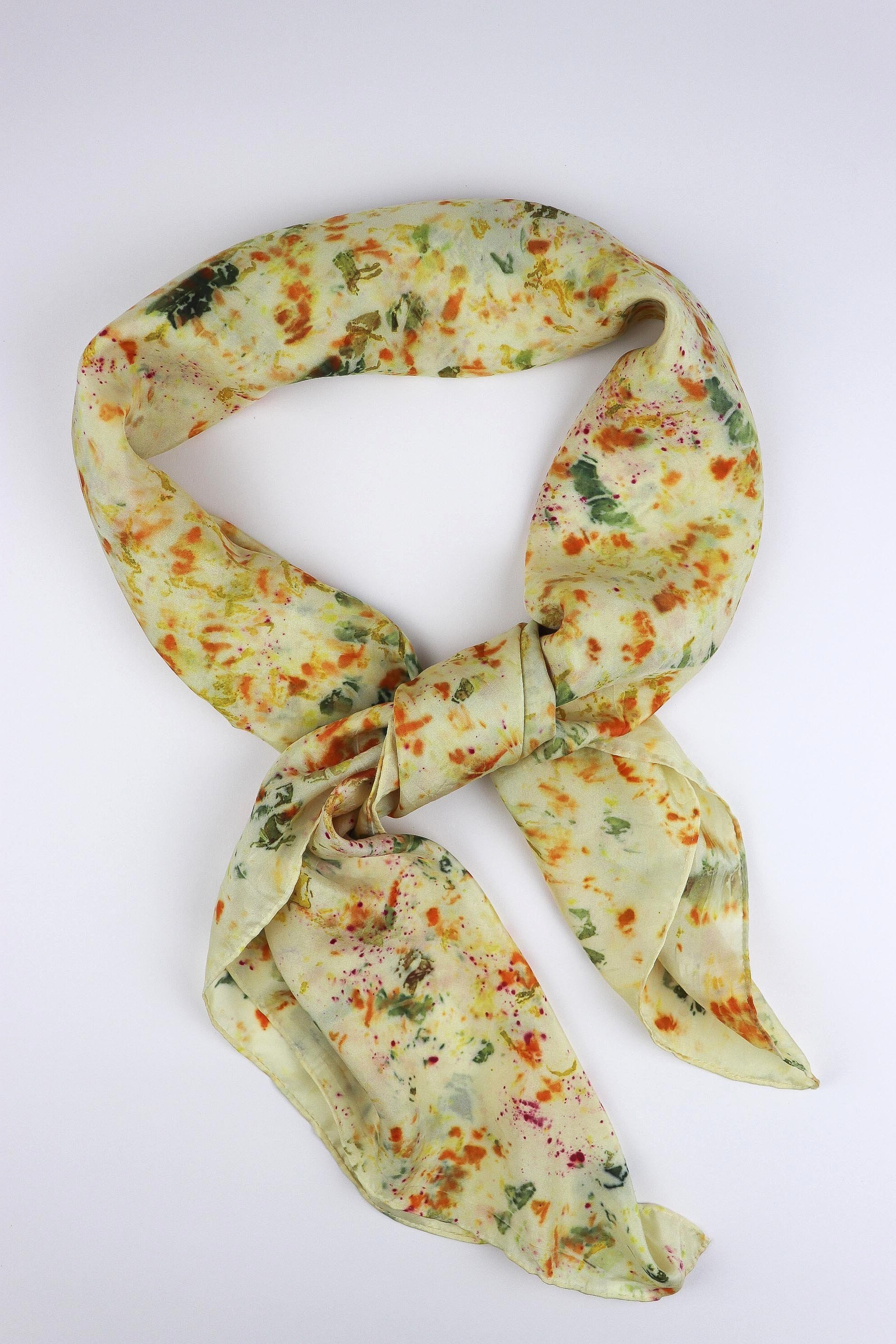 One of a kind botanically Dyed Silk Scarf. Naturally dyed scarf with fresh flowers. AJNA Silk Scarf.Botanically dyed Silk bandana in San Francisco Bay Area California. Plant dyed silk scarf near me.