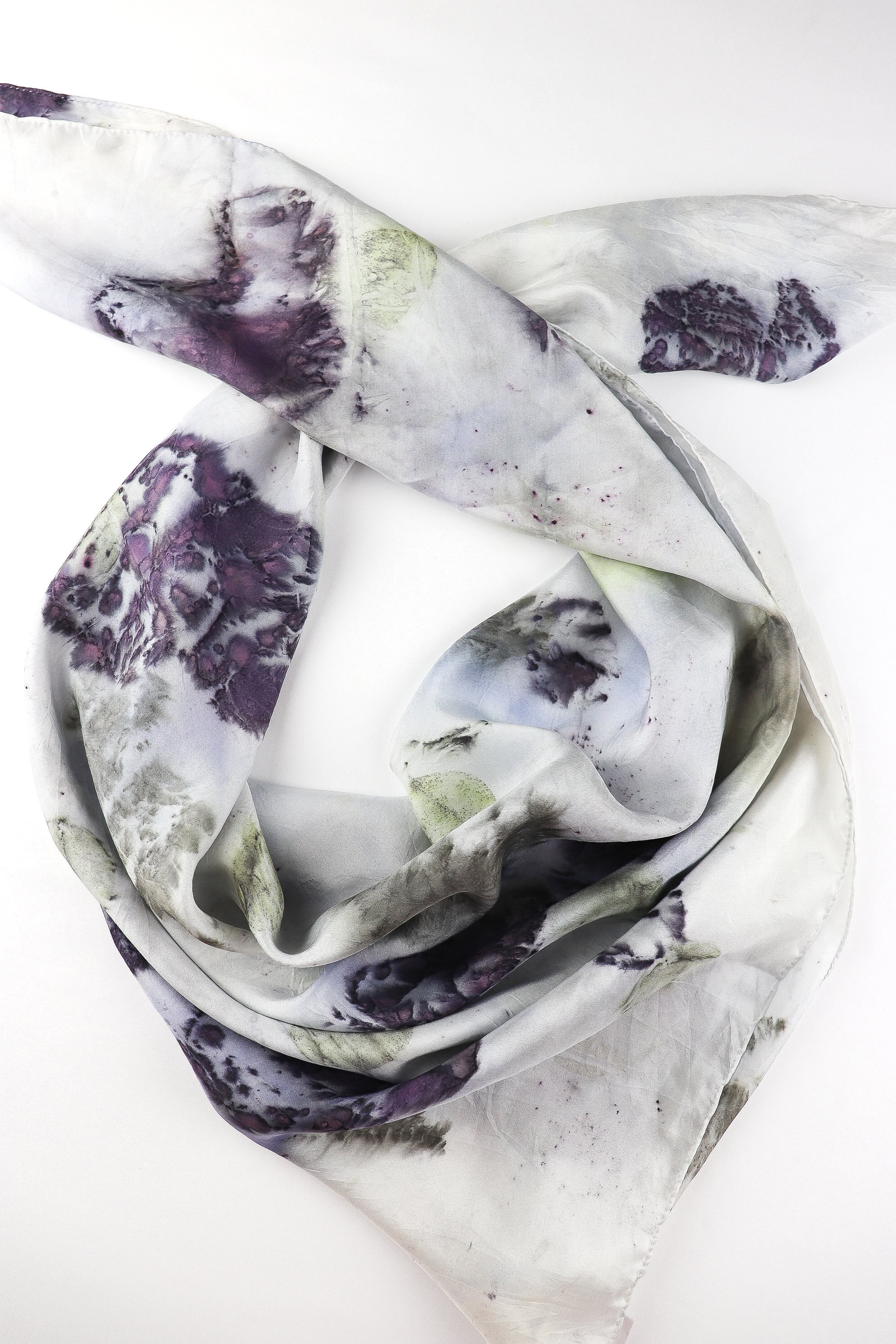 One of a kind botanically Dyed Silk Scarf and bandana. Naturally dyeing on fabric. AJNA Silk Scarf. Botanically dyed Silk bandana in San Francisco Bay Area California. Flower Dyeing.