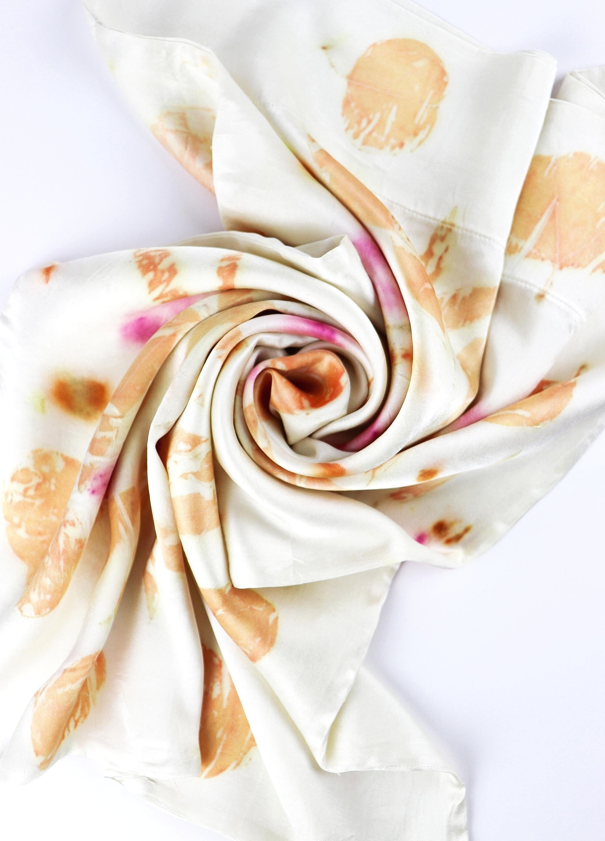 Botanically Dyed Silk Pillowcase eco printed with flowers. Plant dyes silk. AJNA California naturally dyed textiles in San Jose, California. Silk Pillowcase near me.