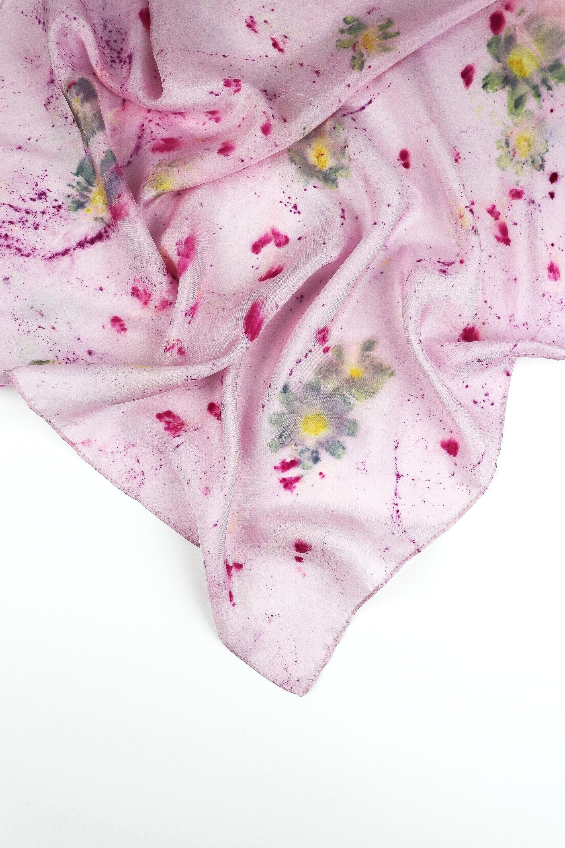 One of a kind botanically Dyed Silk Scarf. Naturally dyed scarf with fresh flowers. AJNA Silk Scarf.Botanically dyed Silk bandana in San Francisco Bay Area California. Plant dyed silk scarf near me.