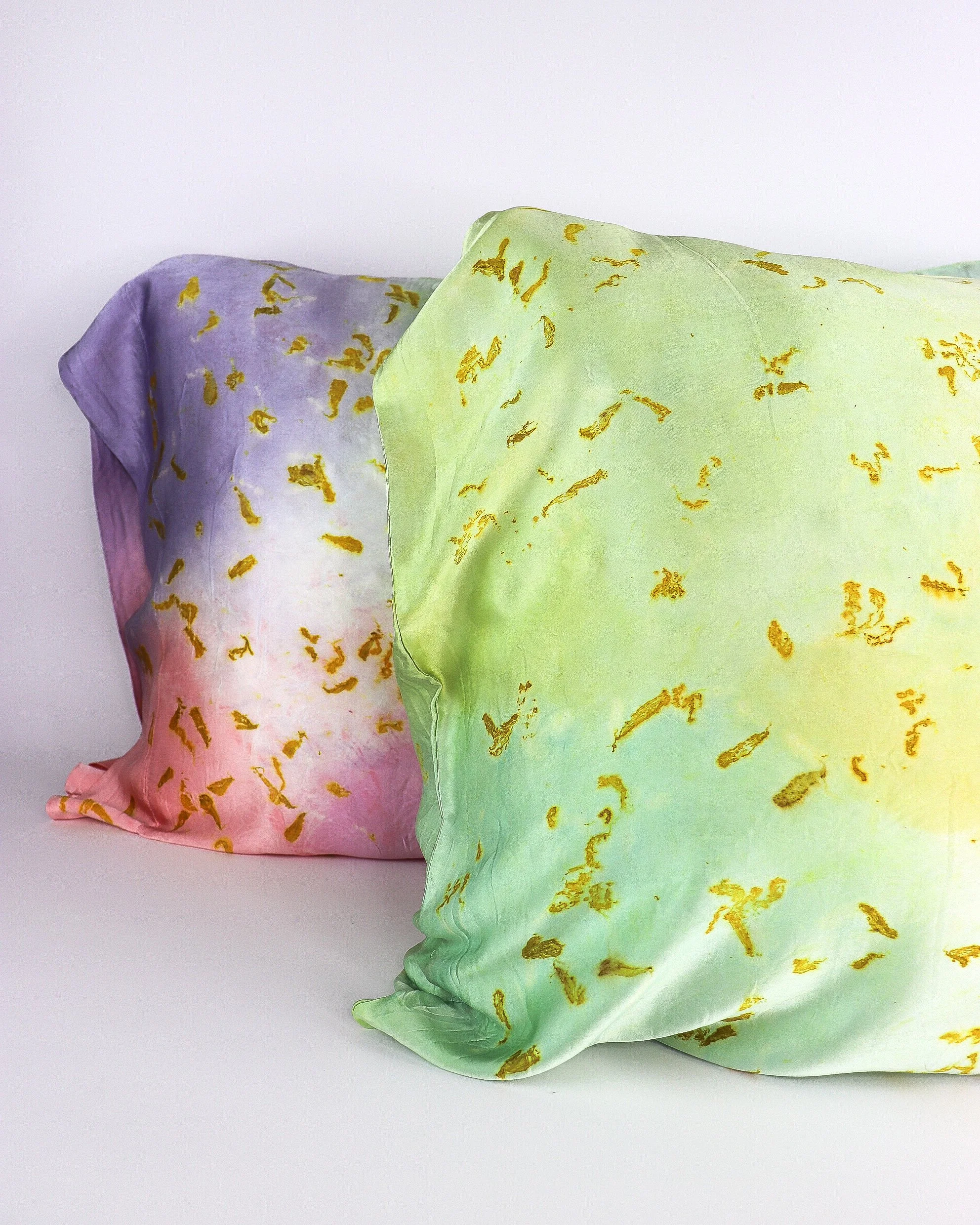 Botanically Dyed Silk Pillowcase eco printed with flowers. Silk Charmeuse pillowcase set of 2.