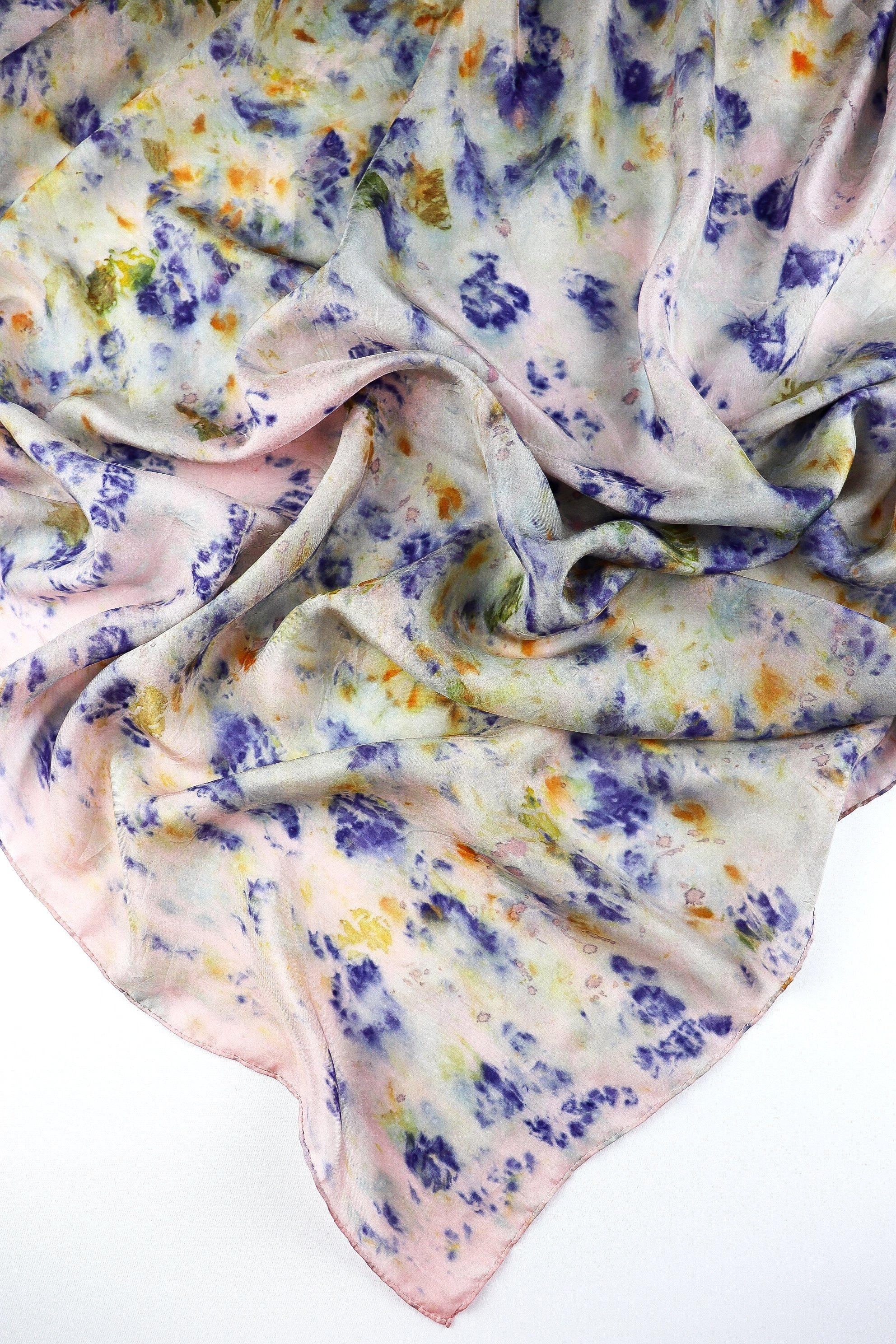 One of a kind botanically Dyed Silk Scarf and bandana. Naturally dyeing on fabric. AJNA Silk Scarf. Botanically dyed Silk bandana in San Francisco Bay Area California. Flower Dyeing.