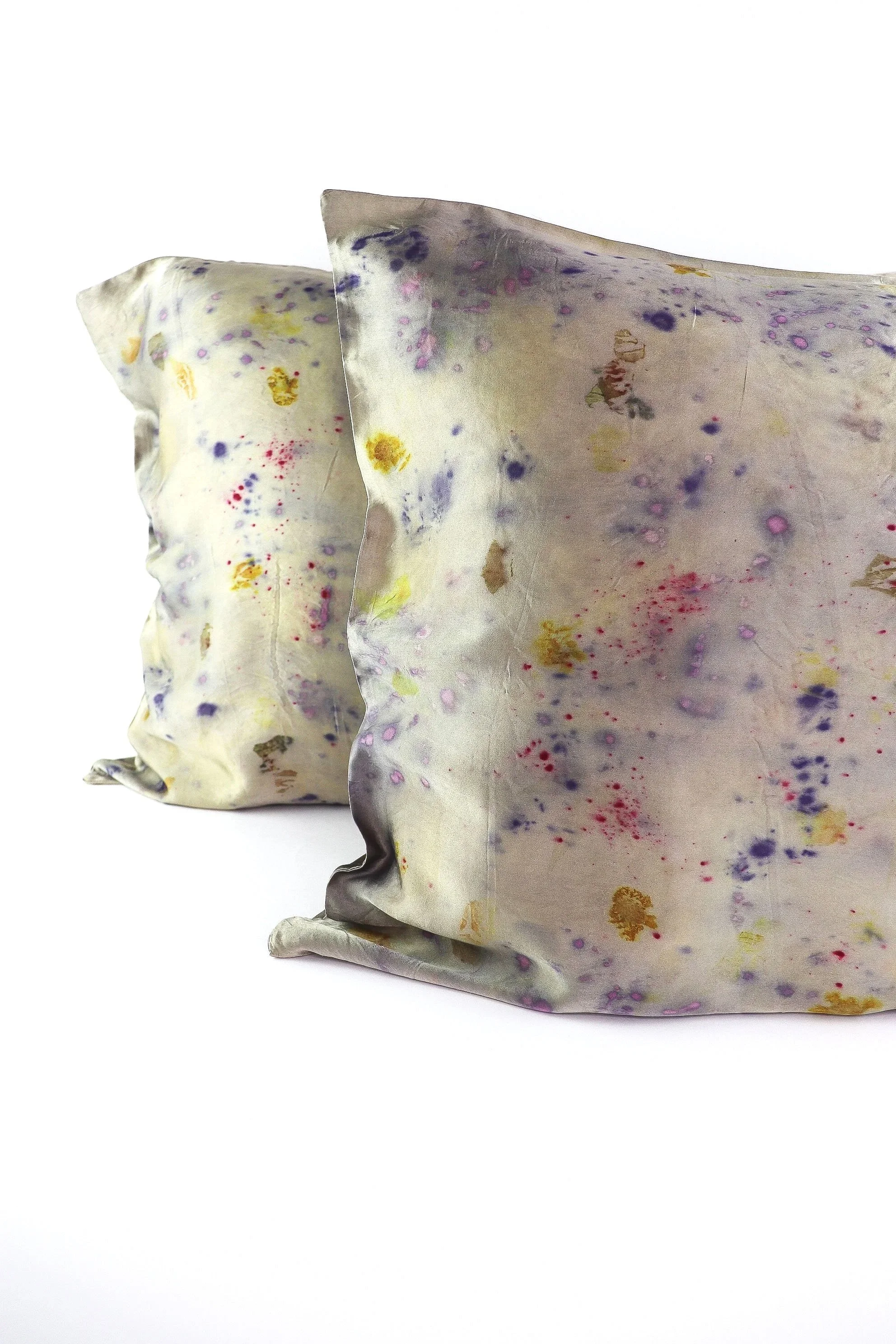 Botanically Dyed Silk Pillowcase eco printed with flowers. Mulberry silk pillowcase set of 2.