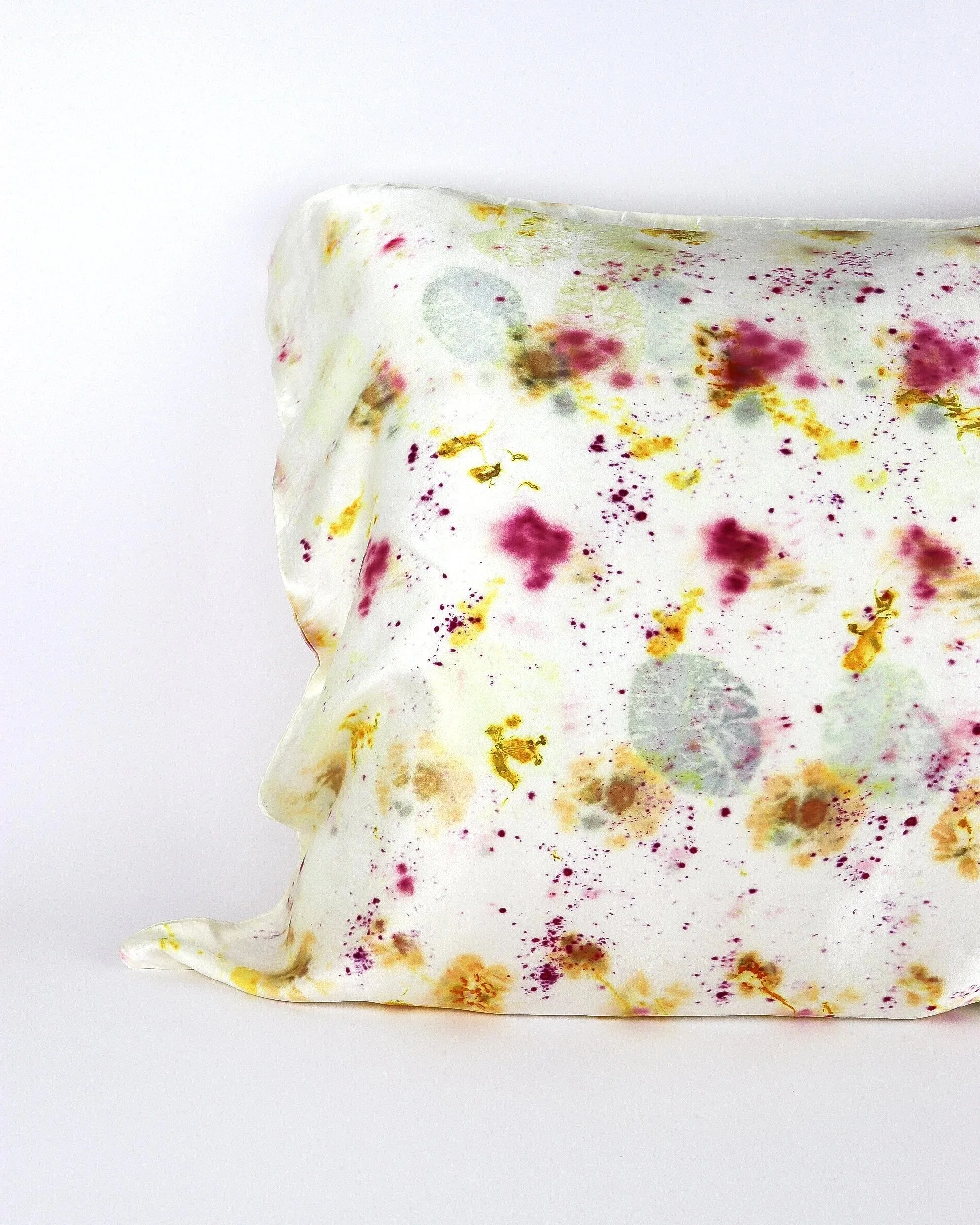 Botanically Dyed Silk Pillowcase eco printed with flowers. Plant dyed silk. AJNA California naturally dyed textiles in San Jose, California. Silk Pillowcase near me.