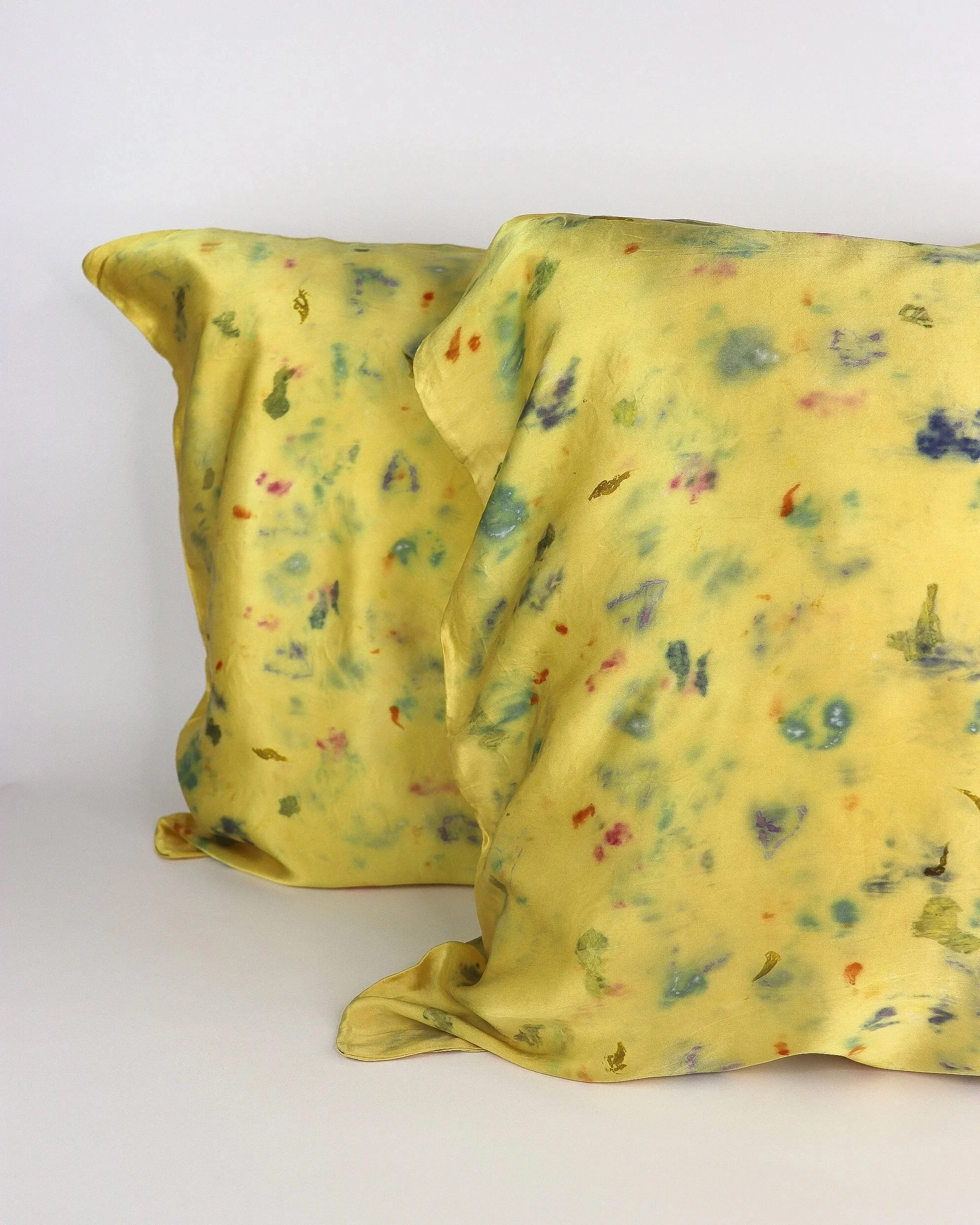 Botanically Dyed Silk Pillowcase eco printed with flowers. Silk Charmeuse pillowcase set of 2.