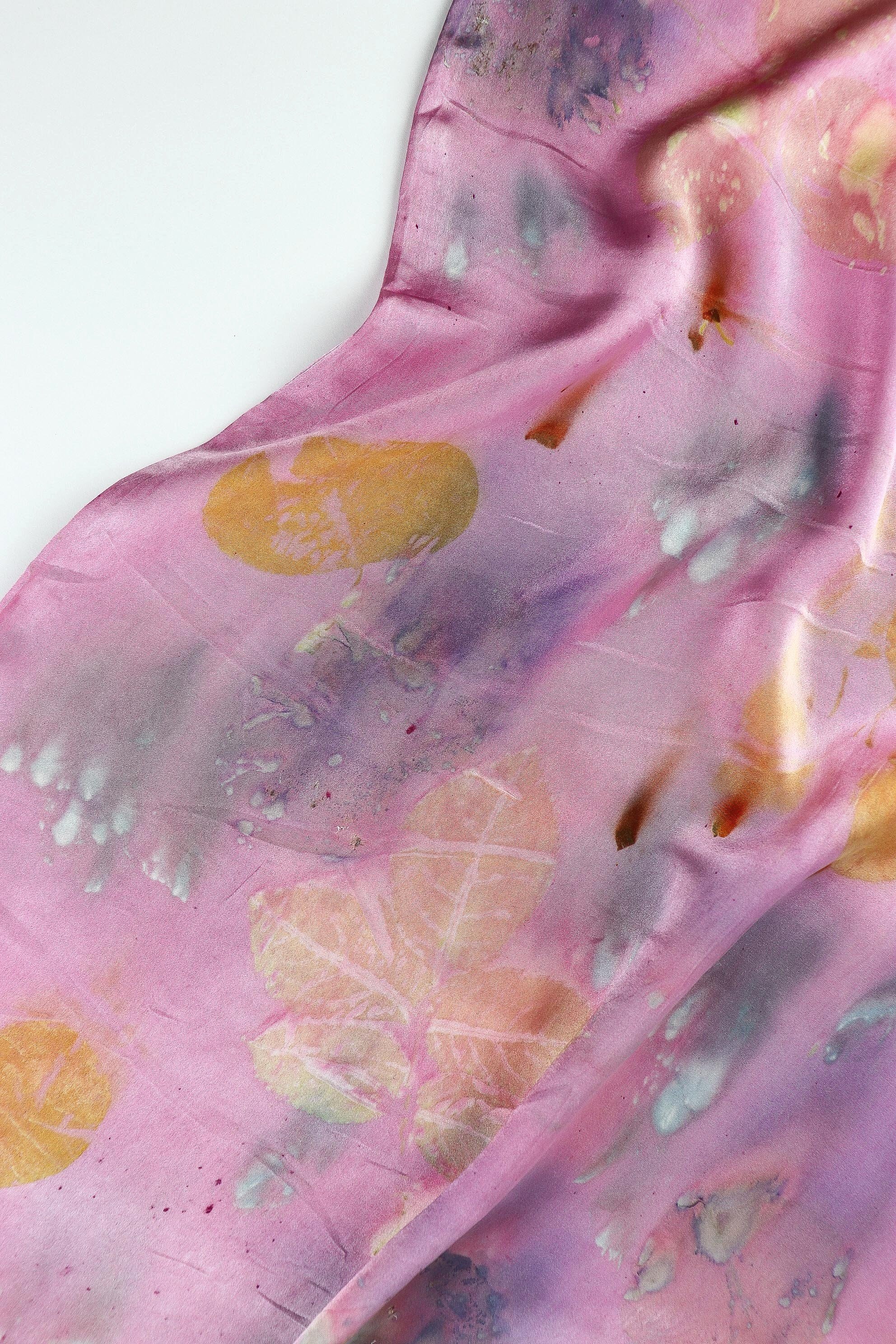 Botanically Dyed Silk Pillowcase eco printed with flowers. 100% Silk Charmeuse. One of a kind silk pillowcase. Silk Pillowcase near me. Hand dyed silk pillowcase in San Francisco Bay Area