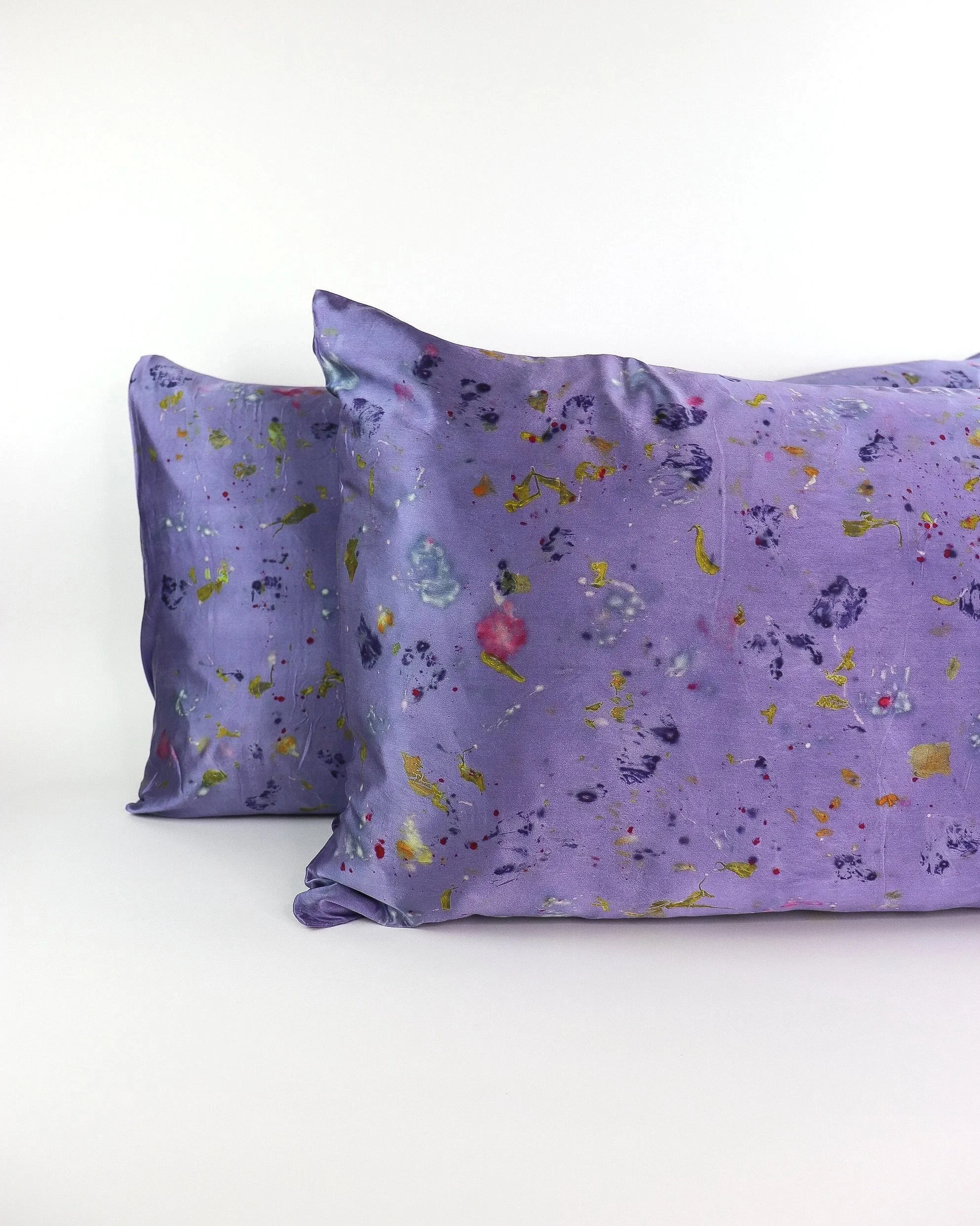Botanically Dyed Mulberry Silk Pillowcase eco printed with flowers. Plant dyed silk. AJNA California botanically dyed textiles in San Jose, California. King size silk pillowcase.