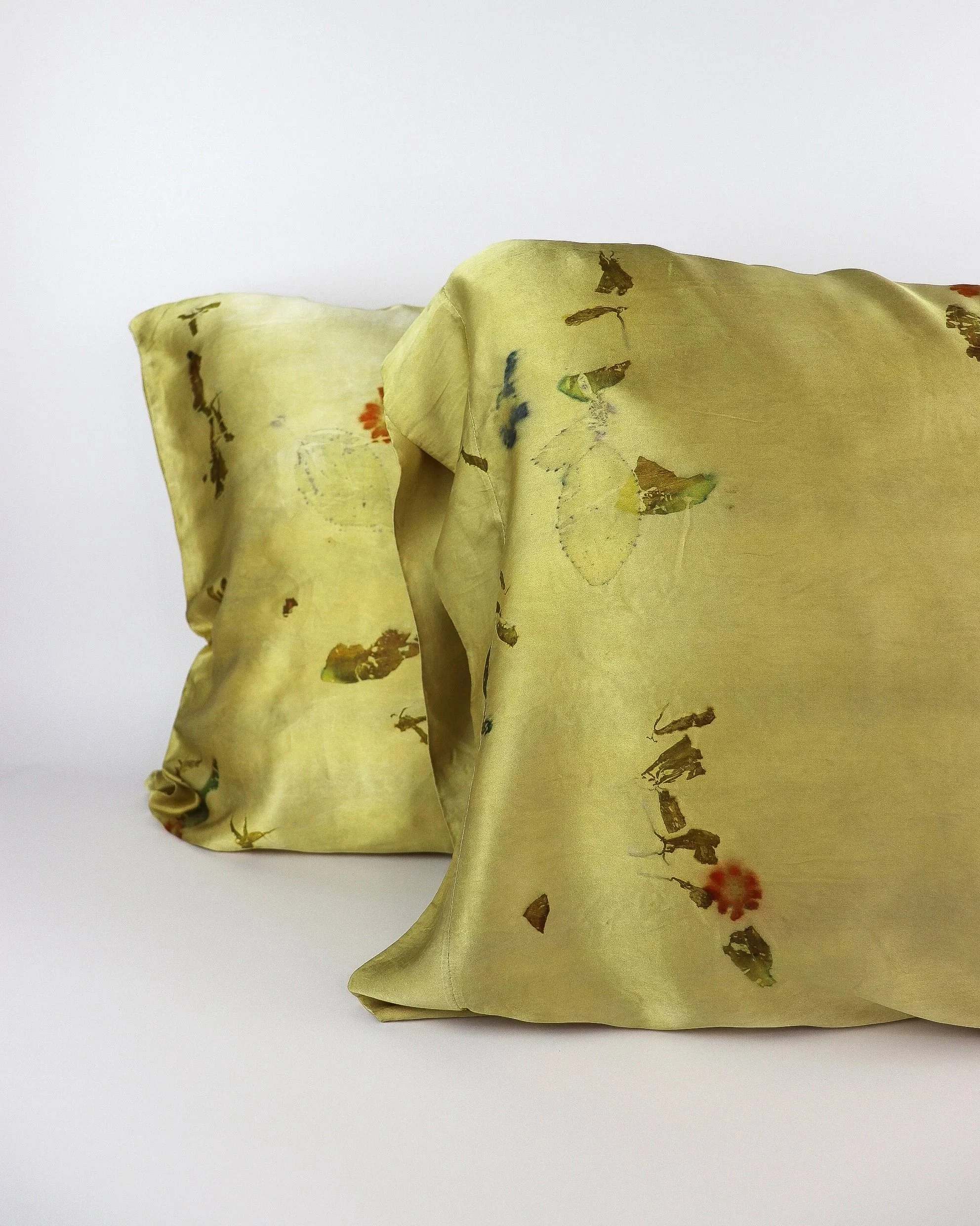 Botanically Dyed Silk Pillowcase eco printed with flowers. Silk Charmeuse pillowcase set of 2.