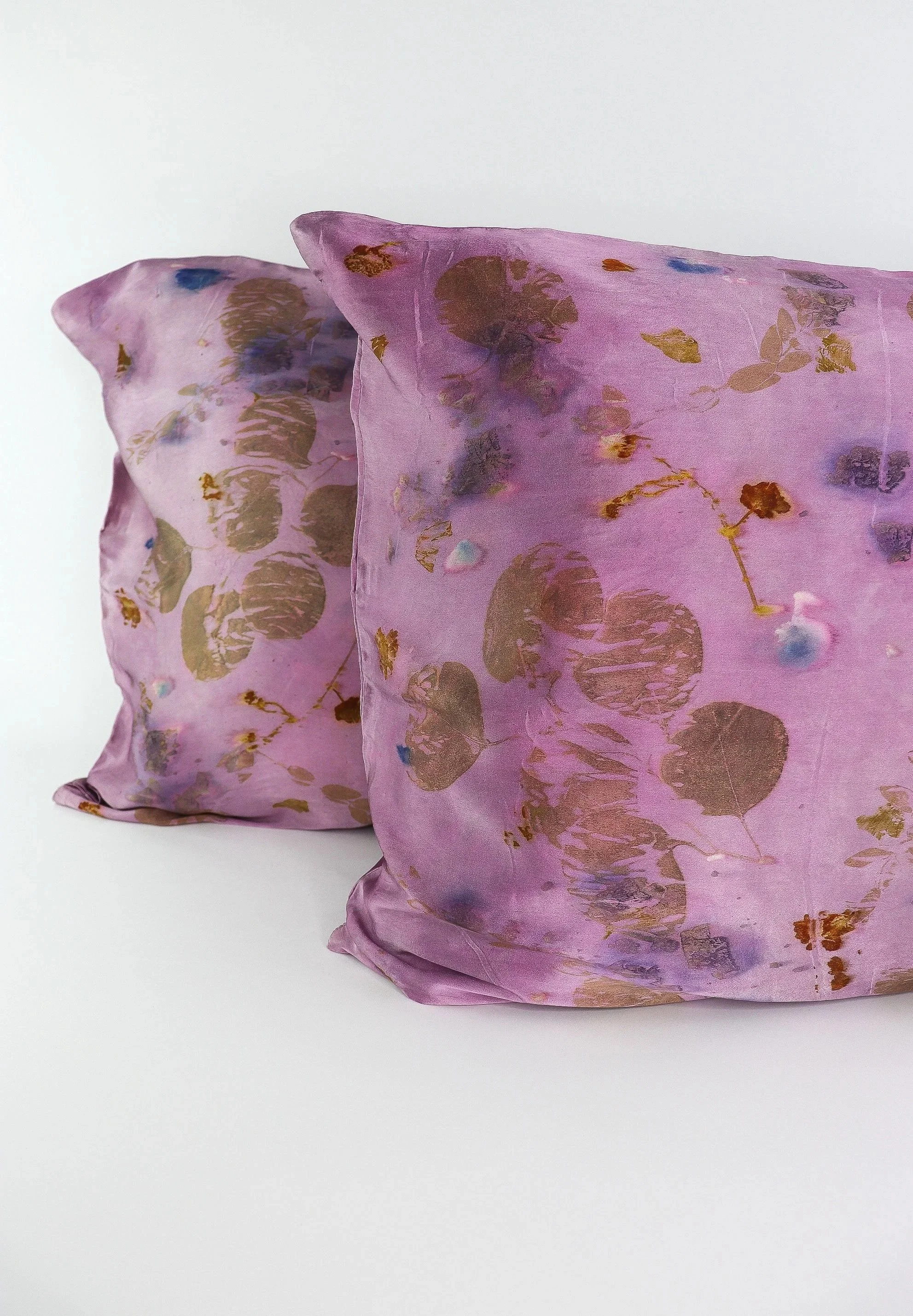 Botanically Dyed Silk Pillowcase eco printed with flowers. Mulberry silk pillowcase set of 2.
