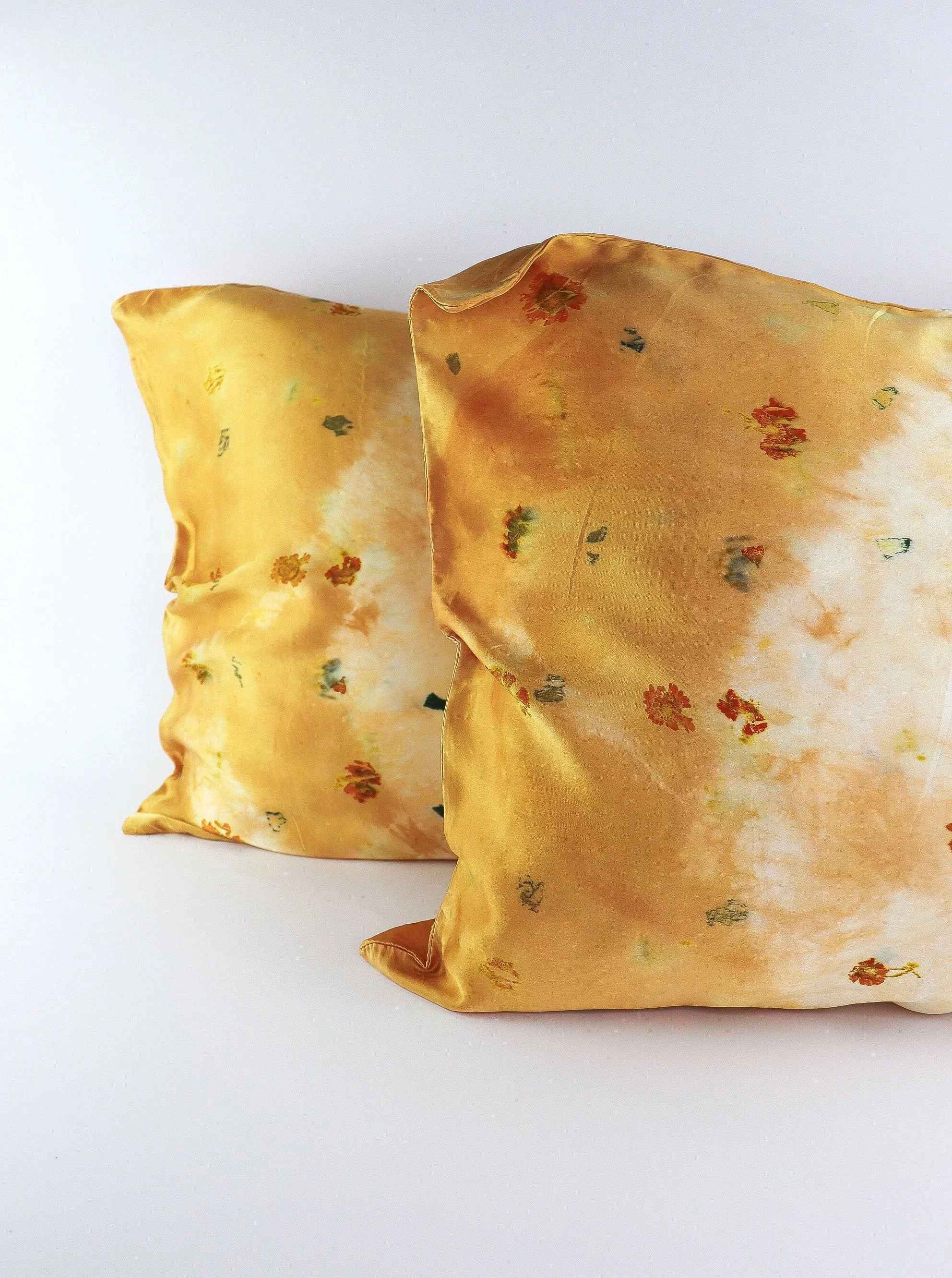 Botanically Dyed Silk Pillowcase eco printed with flowers. Mulberry silk pillowcase set of 2.