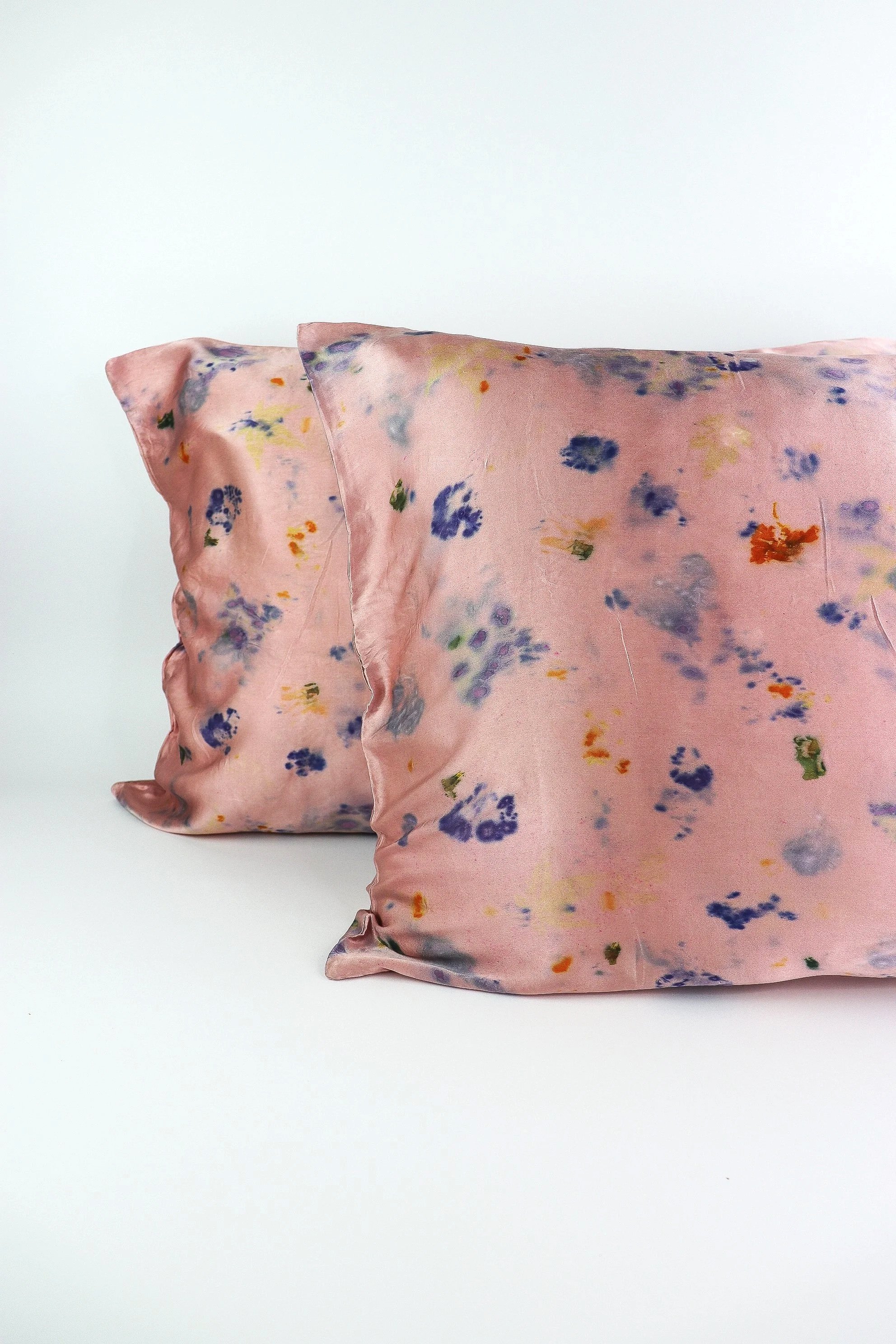 Botanically Dyed Silk Pillowcase eco printed with flowers. Mulberry silk Charmeuse pillowcase set of 2.