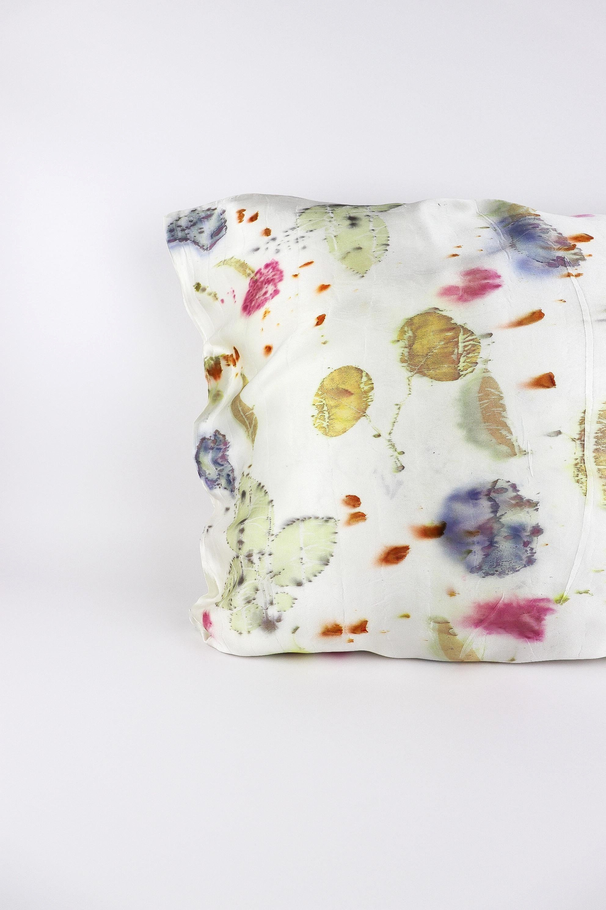 Botanically Dyed Silk Pillowcase eco printed with flowers. Plant dyes silk. AJNA California naturally dyed textiles in San Jose, California. Silk Pillowcase near me.