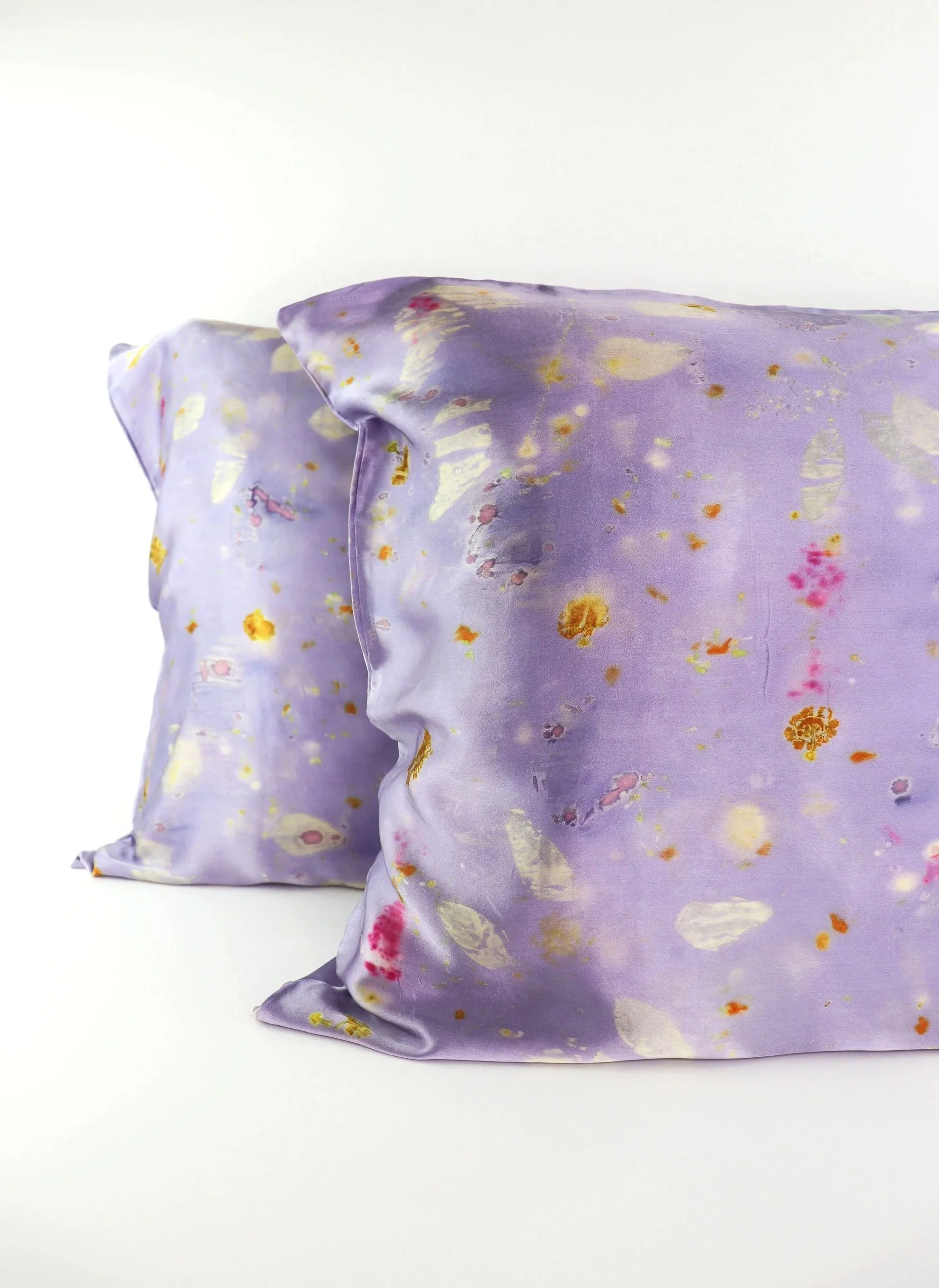 Botanically Dyed Silk Pillowcase eco printed with flowers. Mulberry silk pillowcase set of 2.