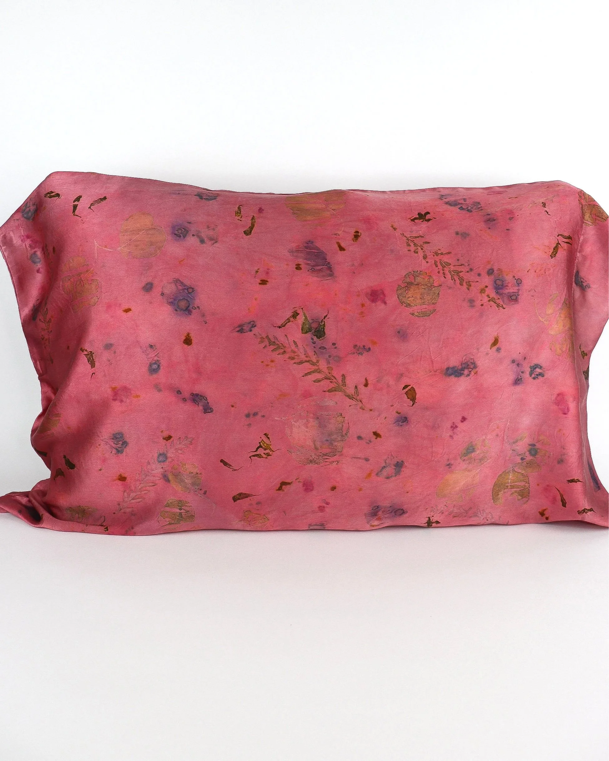 Botanically Dyed Silk Pillowcase eco printed with flowers. Silk Charmeuse pillowcase set of 2.