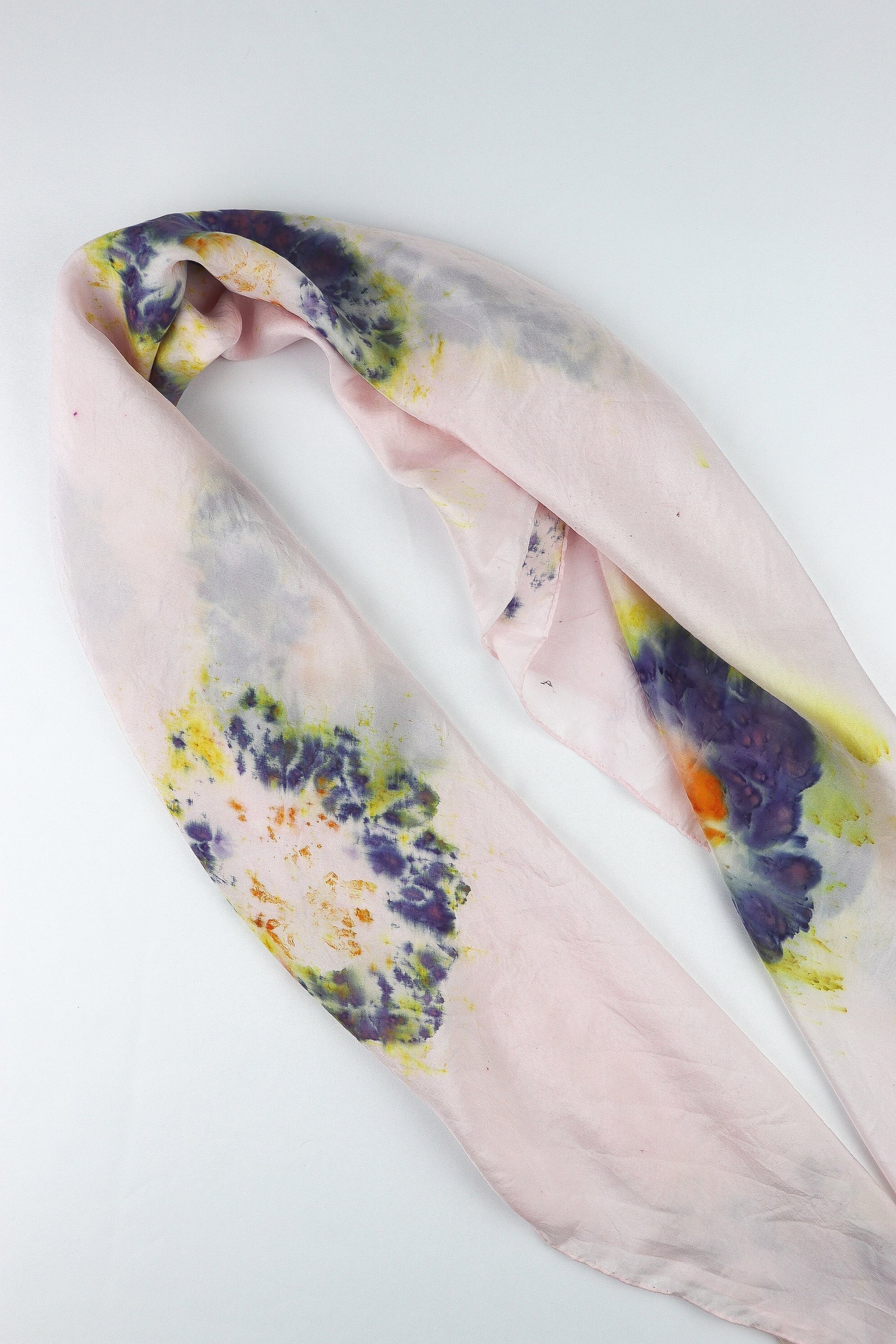 One of a kind botanically Dyed Silk Scarf and bandana 36”X 36”. Naturally dyed with fresh flowers. AJNA Silk Scarf.Botanically dyed Silk bandana in San Francisco Bay Area California
