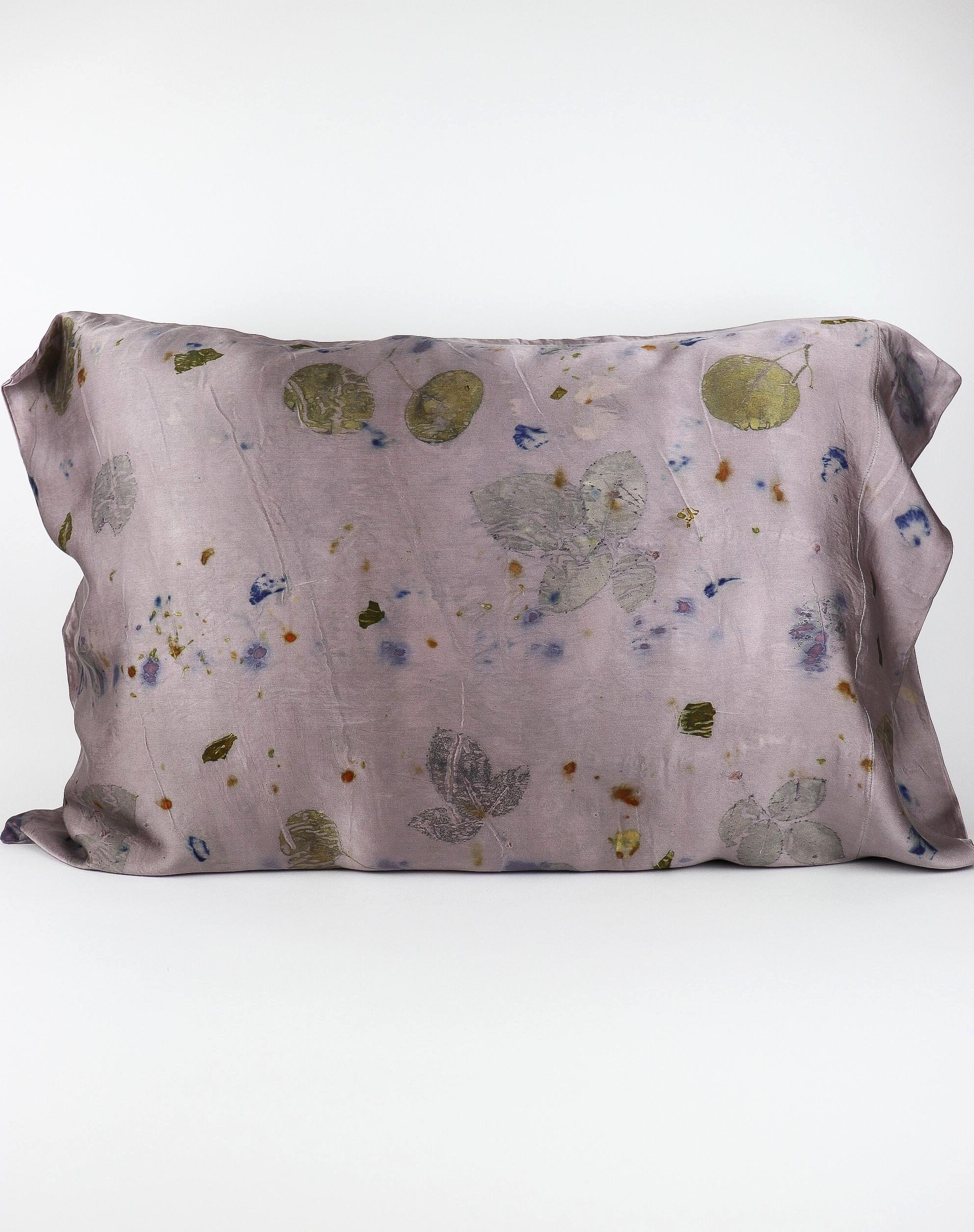 AJNA California naturally dyed textiles. Botanically Dyed Silk Pillowcase eco printed with flowers. Silk Charmeuse pillowcase set of 2