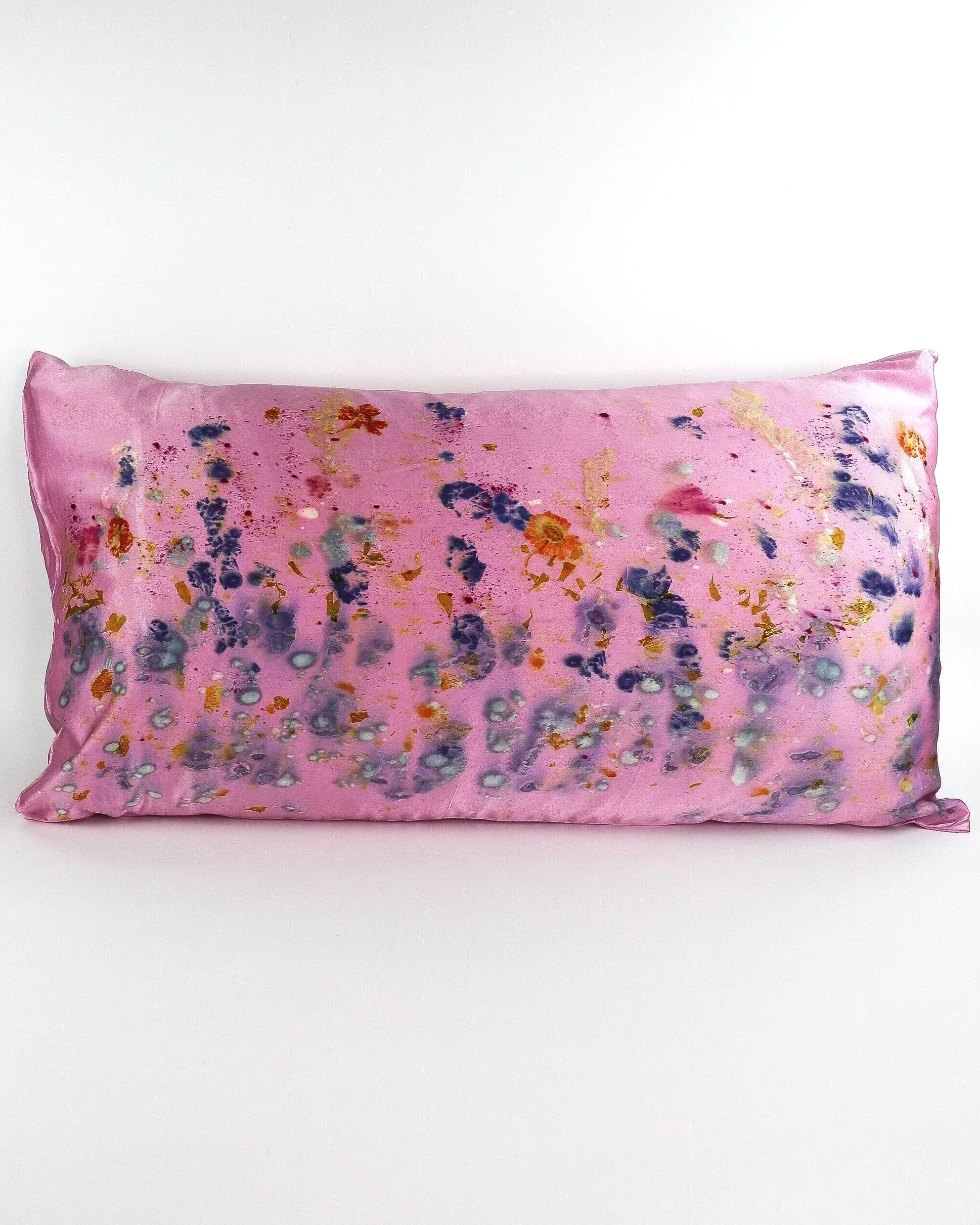 Botanically Dyed Mulberry Silk Pillowcase eco printed with flowers. Plant dyed silk. AJNA California botanically dyed textiles in San Jose, California. King size silk pillowcase.