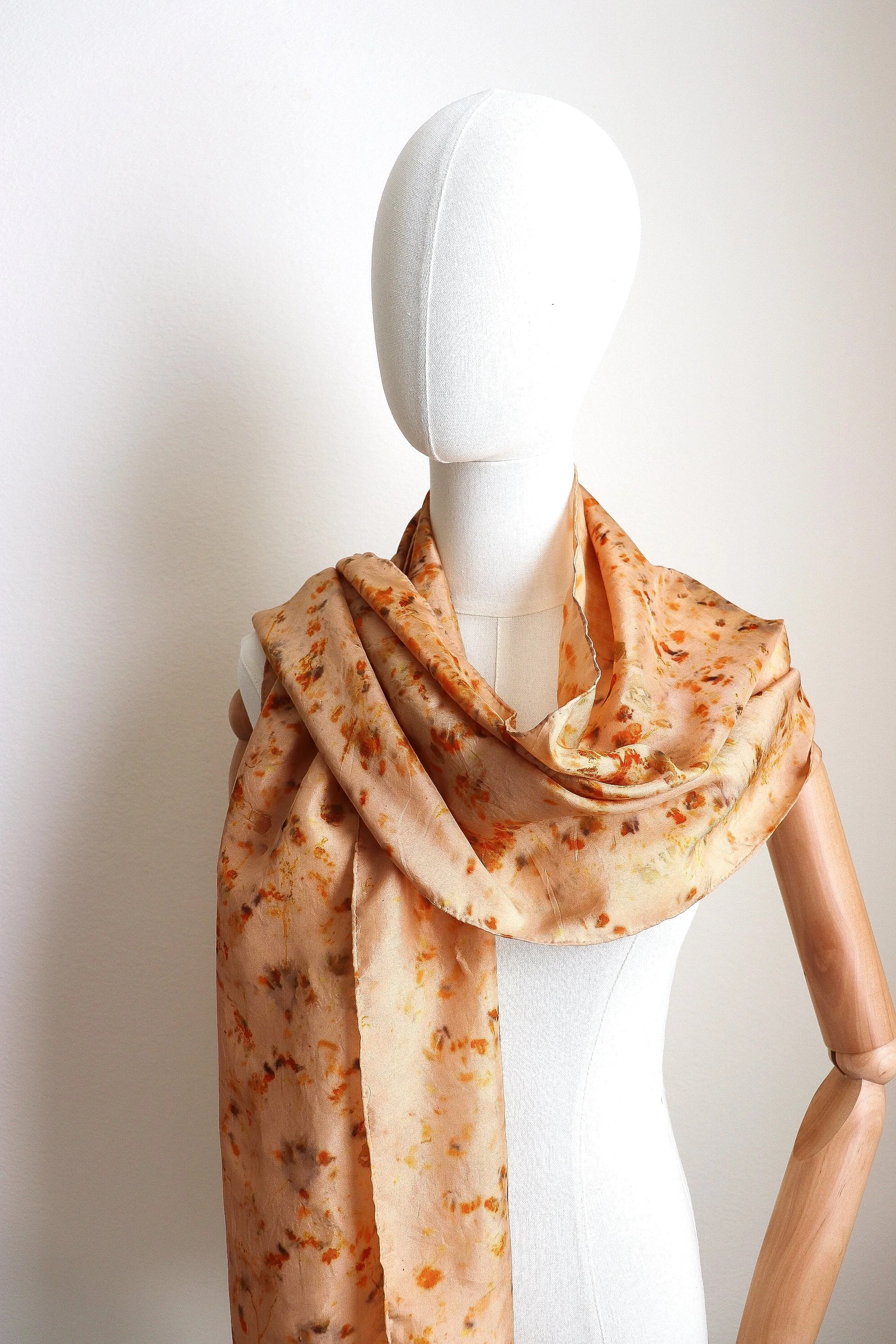 One of a kind botanically Dyed Silk Scarf and bandana. Naturally dyeing on fabric. AJNA Silk Scarf. Botanically dyed Silk bandana in San Francisco Bay Area California. Plant dyed silk scarf near me.