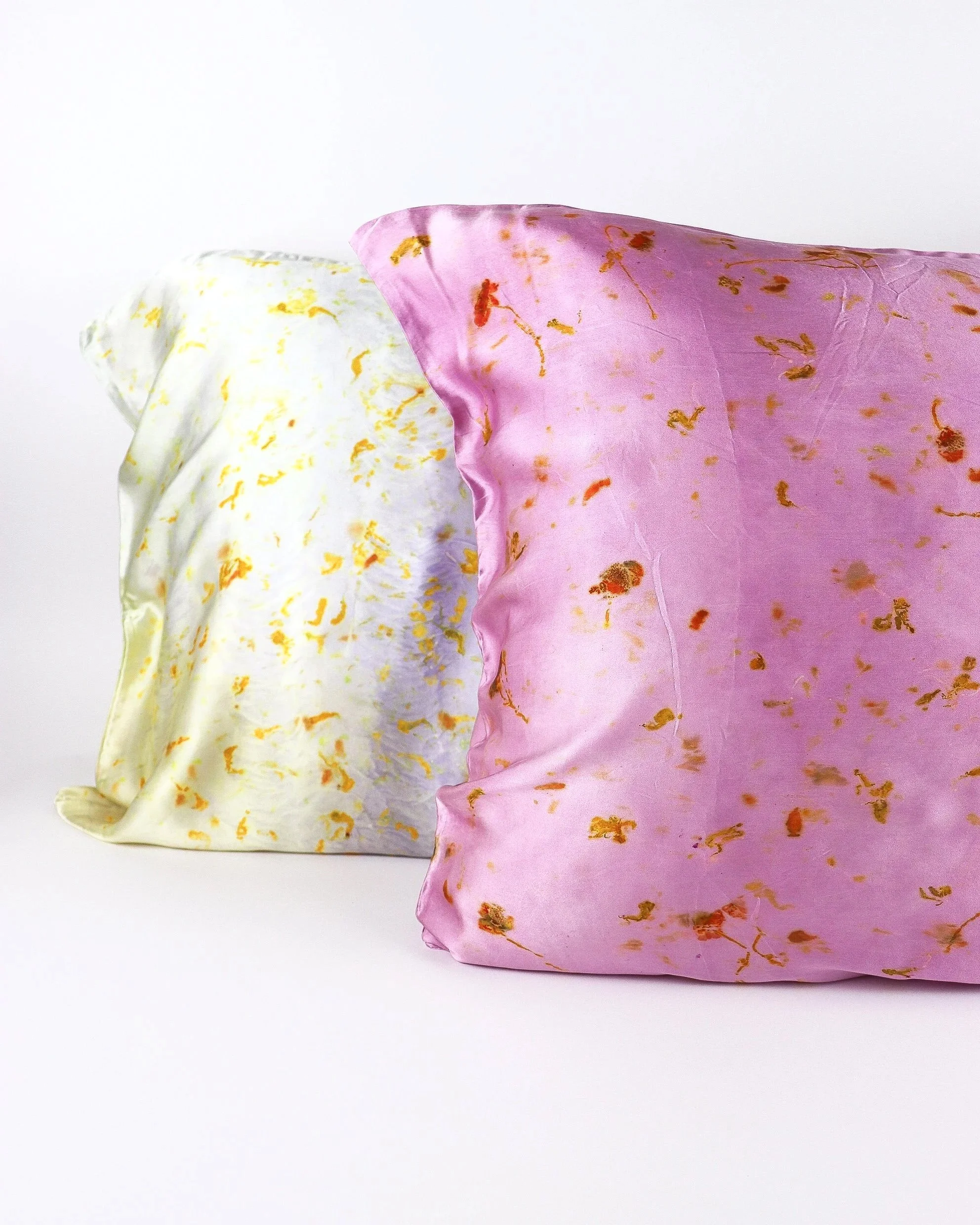 Botanically Dyed Silk Pillowcase eco printed with flowers. Plant dyed silk. AJNA California naturally dyed textiles in San Jose, California. Silk Pillowcase near me.