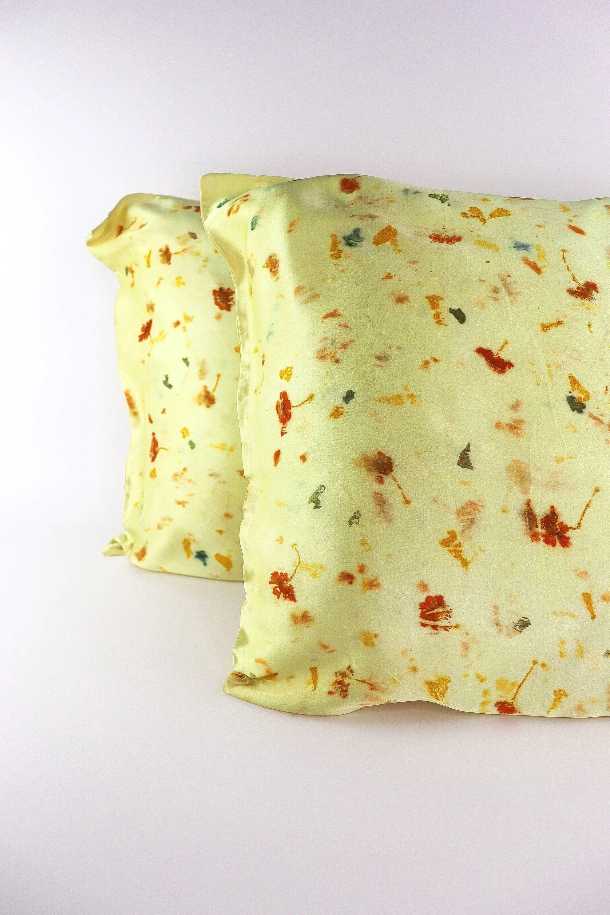 Botanically Dyed Silk Pillowcase eco printed with flowers. Mulberry silk pillowcase set of 2.