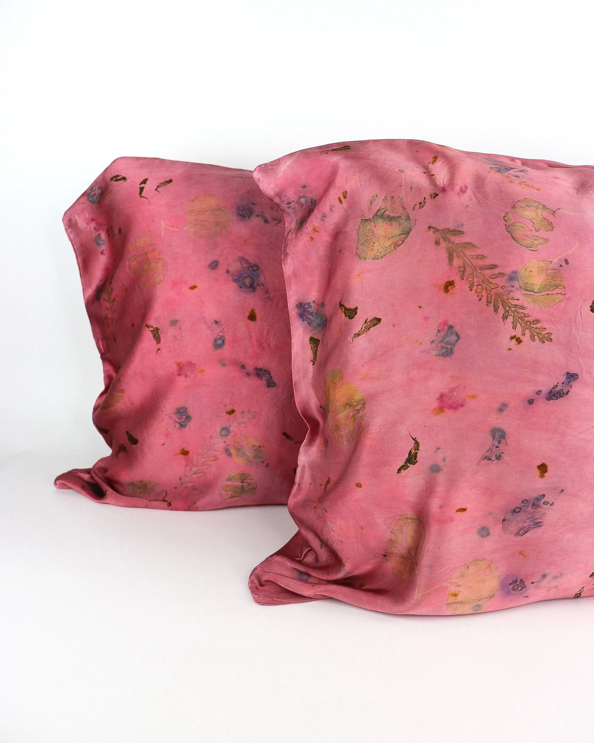Botanically Dyed Silk Pillowcase eco printed with flowers. Silk Charmeuse pillowcase set of 2.