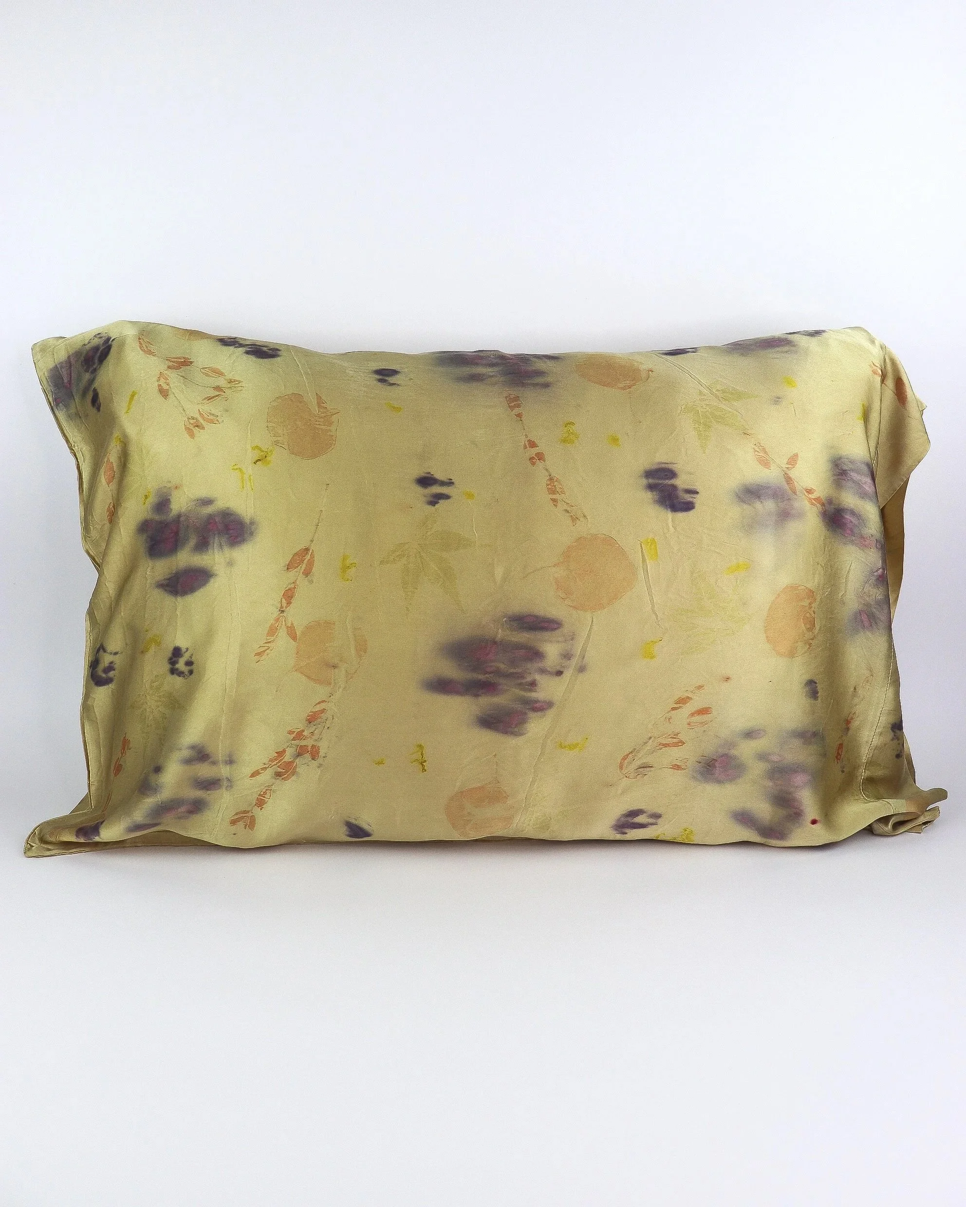 Botanically Dyed Silk Pillowcase eco printed with flowers. Plant dyed silk. AJNA California naturally dyed textiles in San Jose, California. Silk Pillowcase near me.