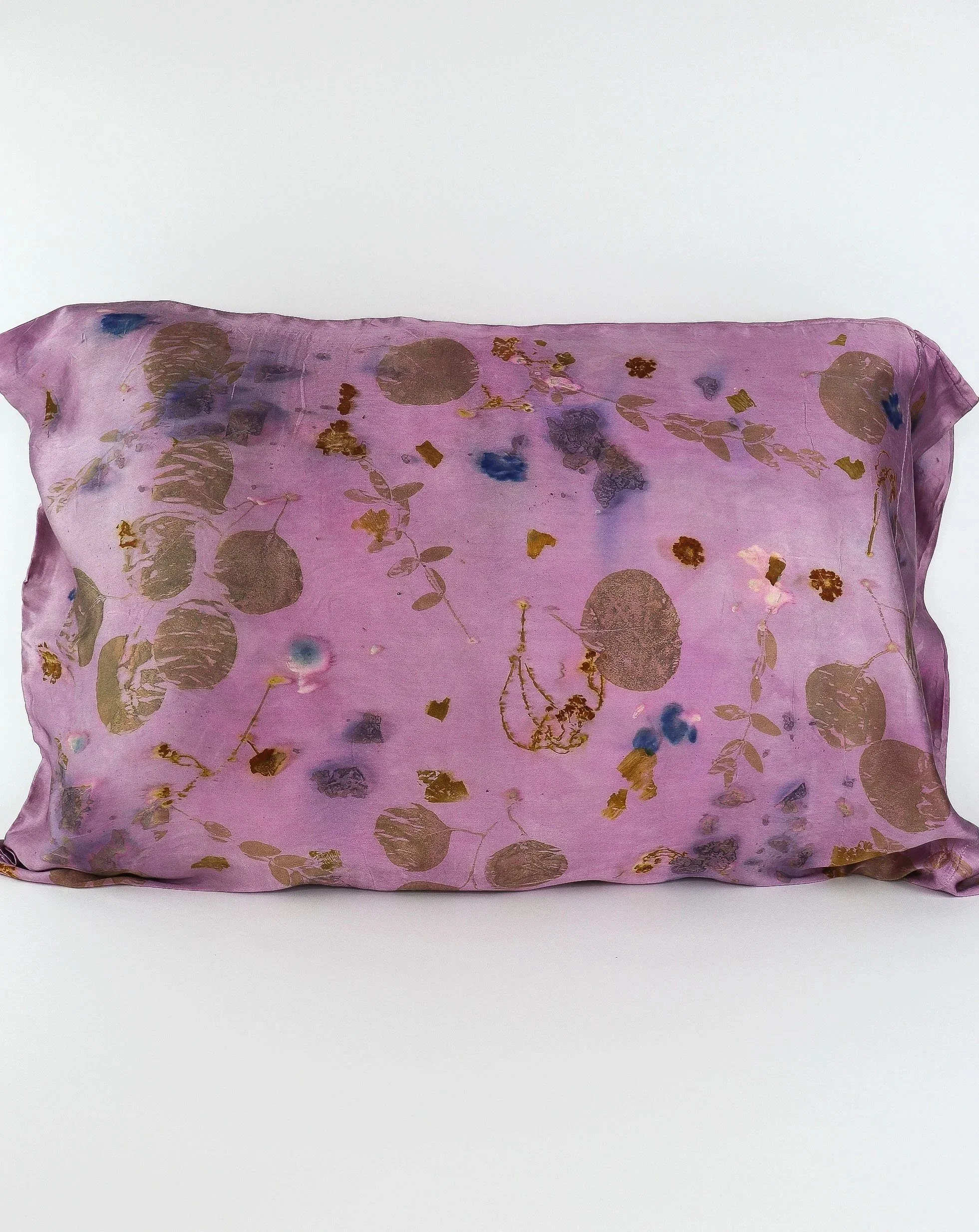 Botanically Dyed Silk Pillowcase eco printed with flowers. Mulberry silk pillowcase set of 2.